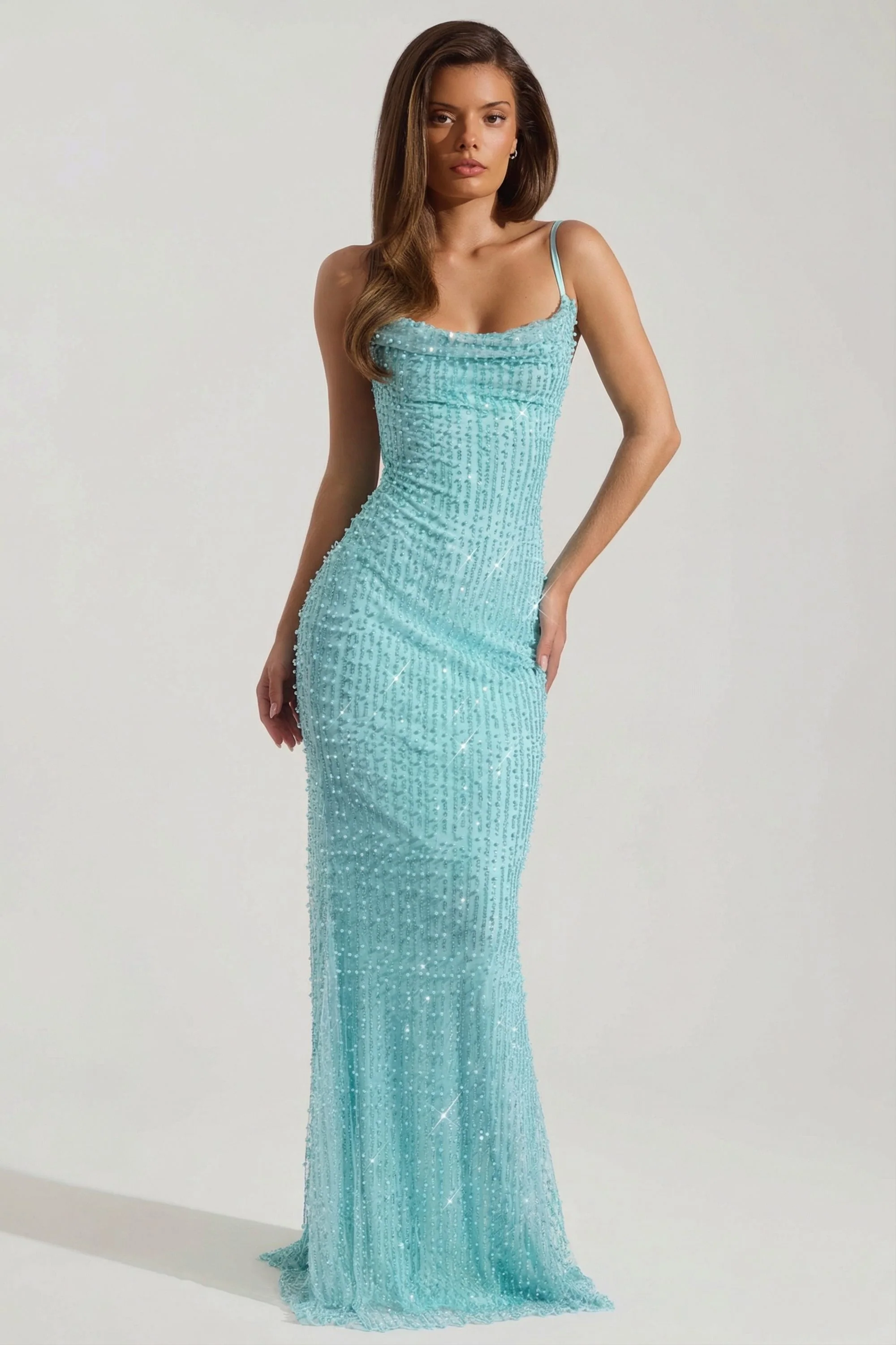 Embellished Cowl-Neck Backless Maxi Dress in Aqua Blue - Image 7