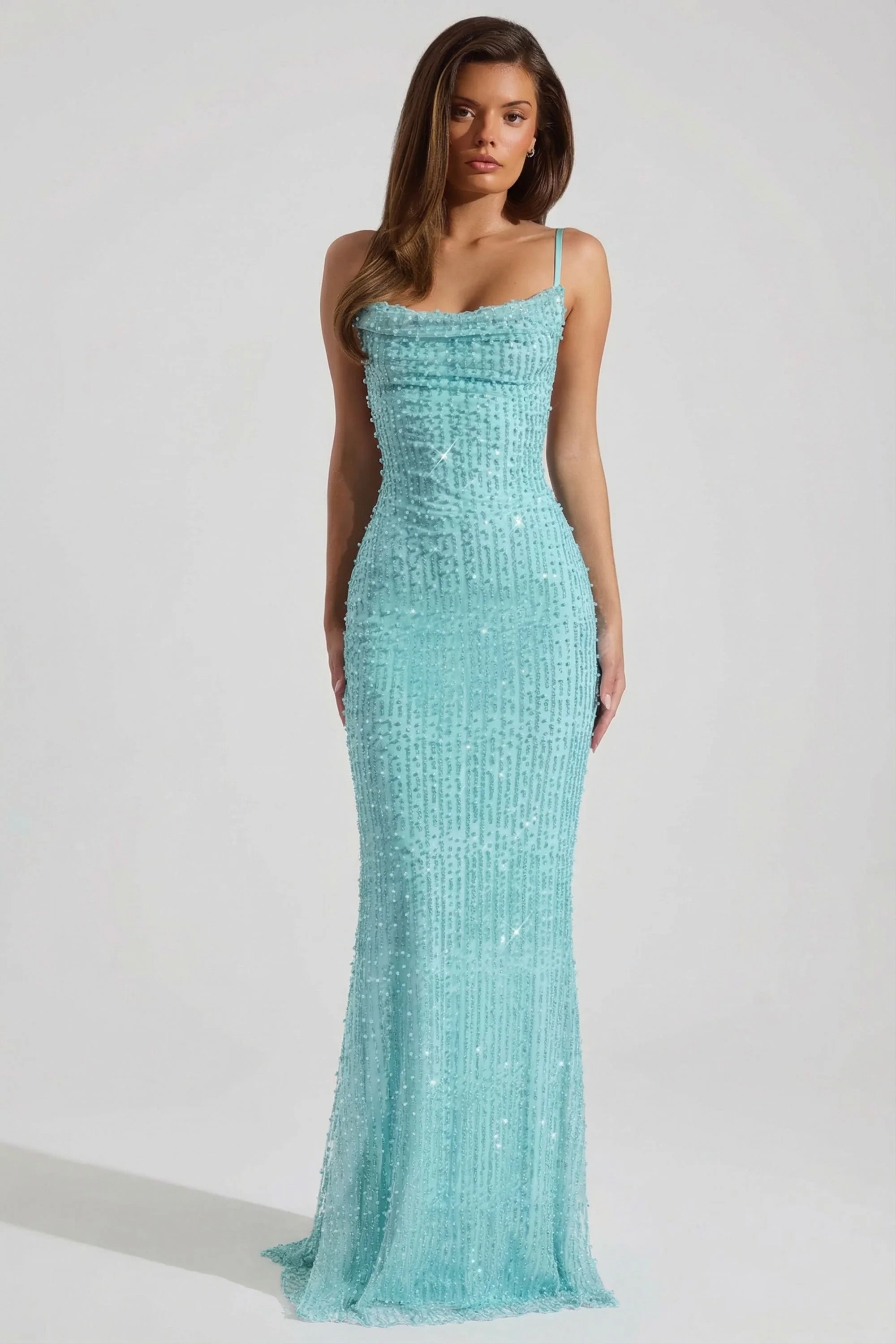 Embellished Cowl-Neck Backless Maxi Dress in Aqua Blue - Image 8