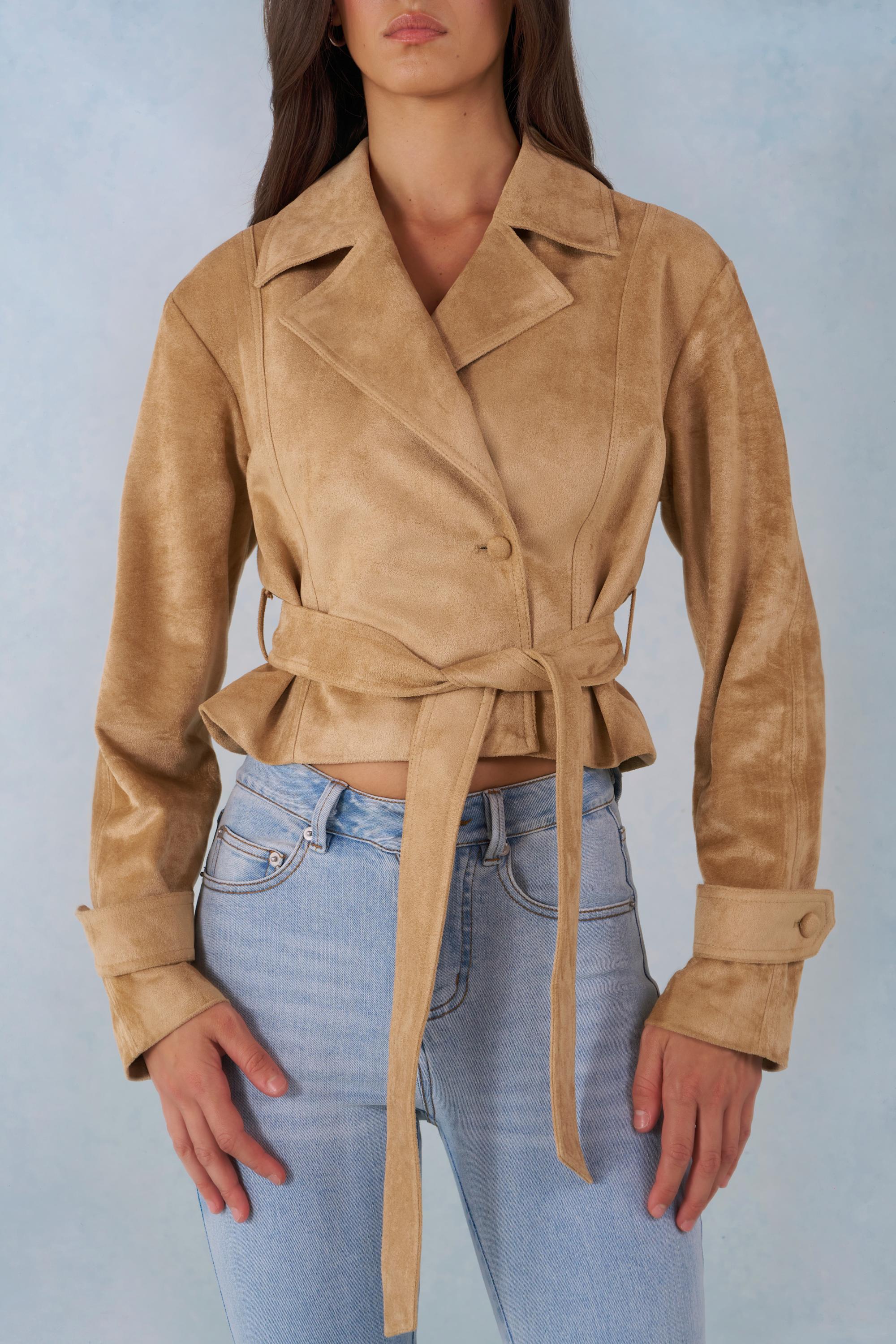 Faux Suede Cropped Belted Jacket in Tan - Image 4