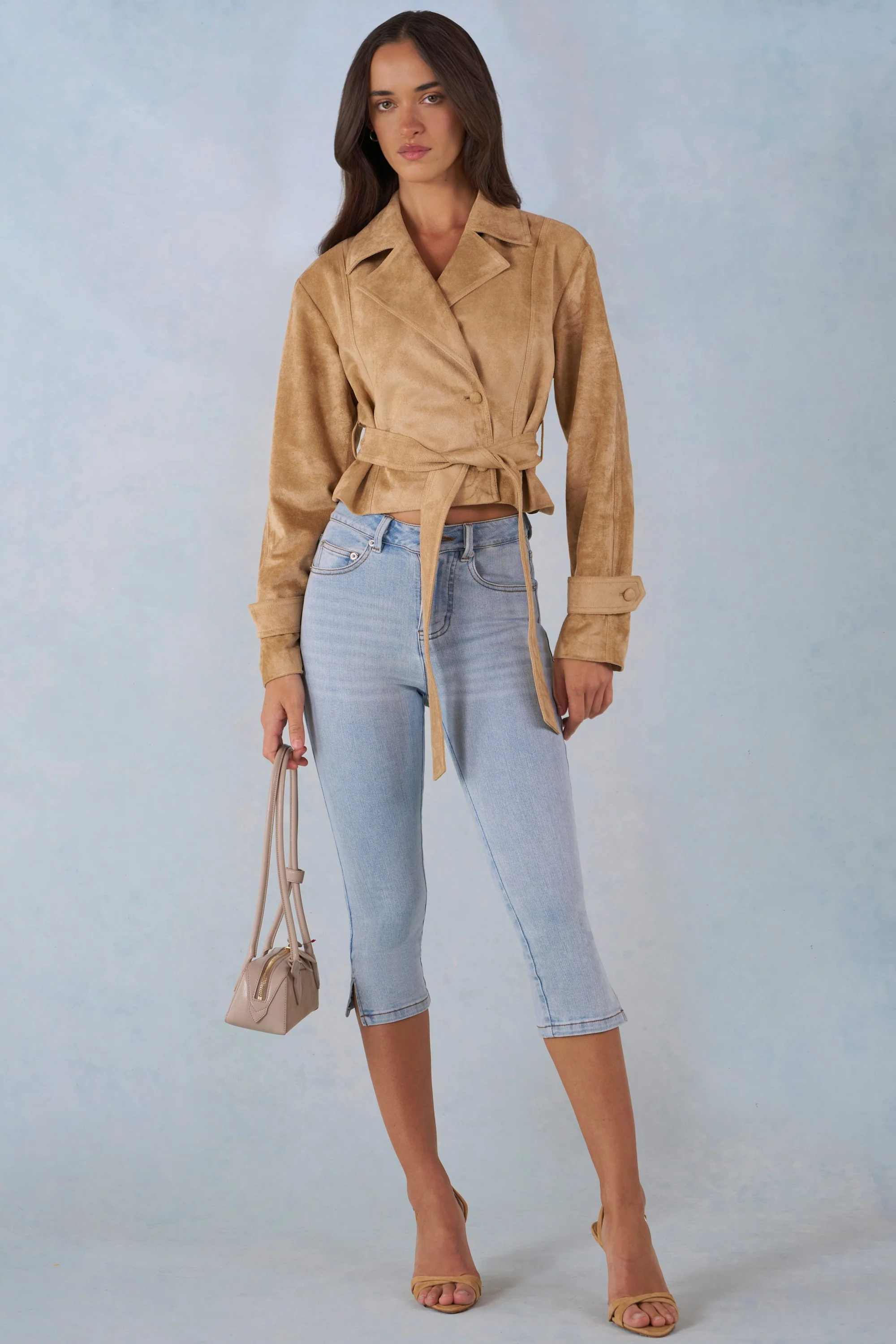 Faux Suede Cropped Belted Jacket in Tan - Image 5