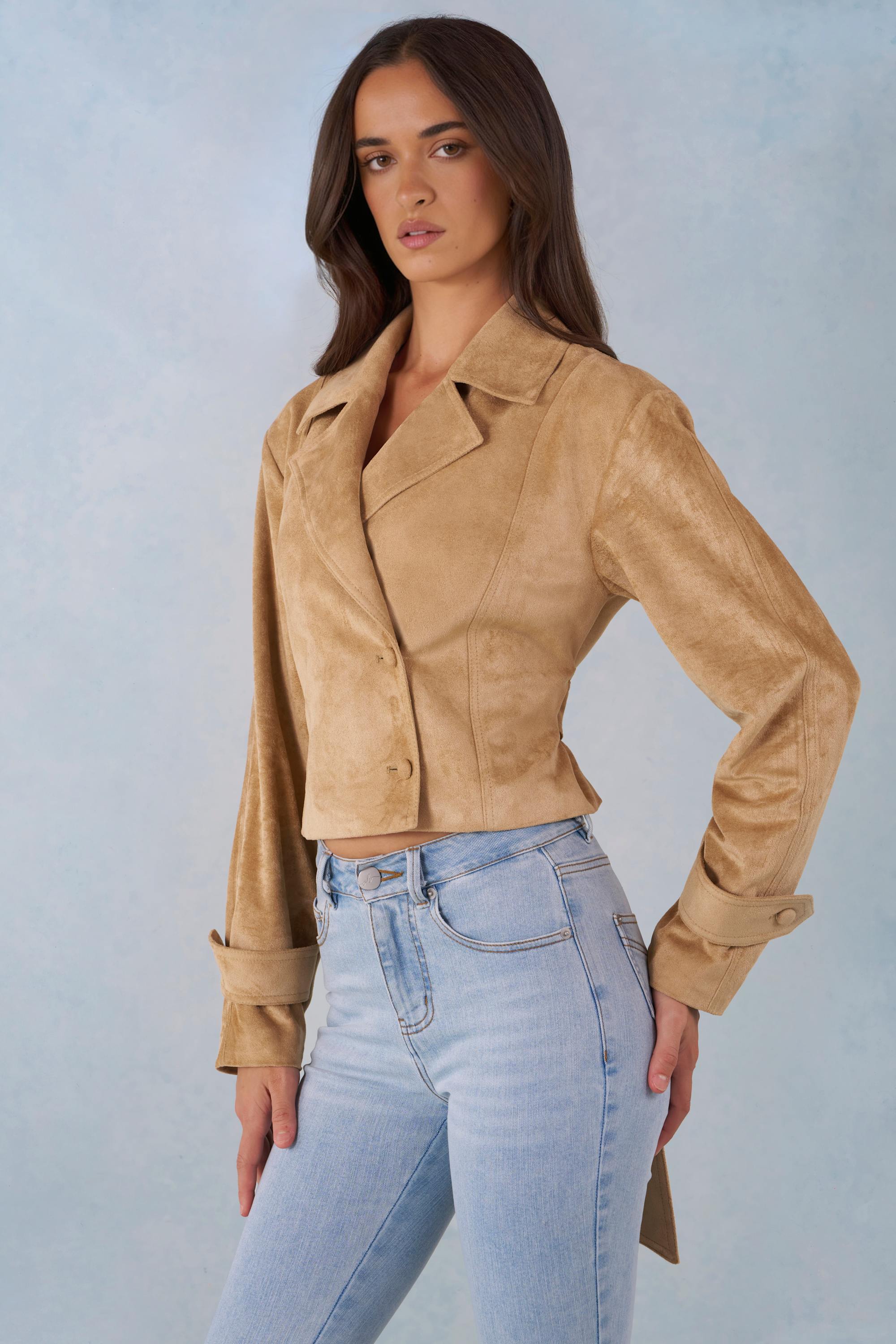 Faux Suede Cropped Belted Jacket in Tan - Image 6