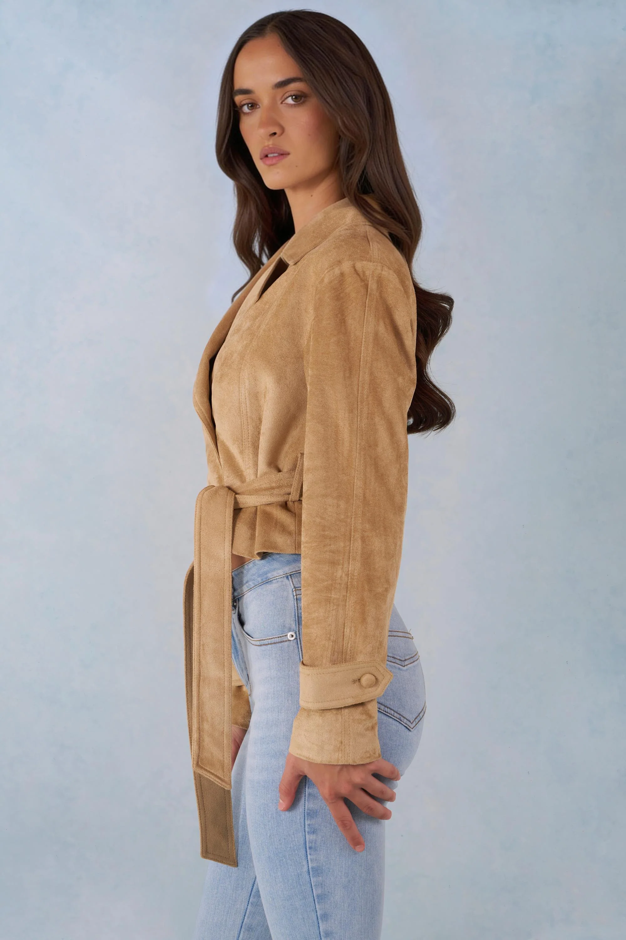 Faux Suede Cropped Belted Jacket in Tan - Image 7