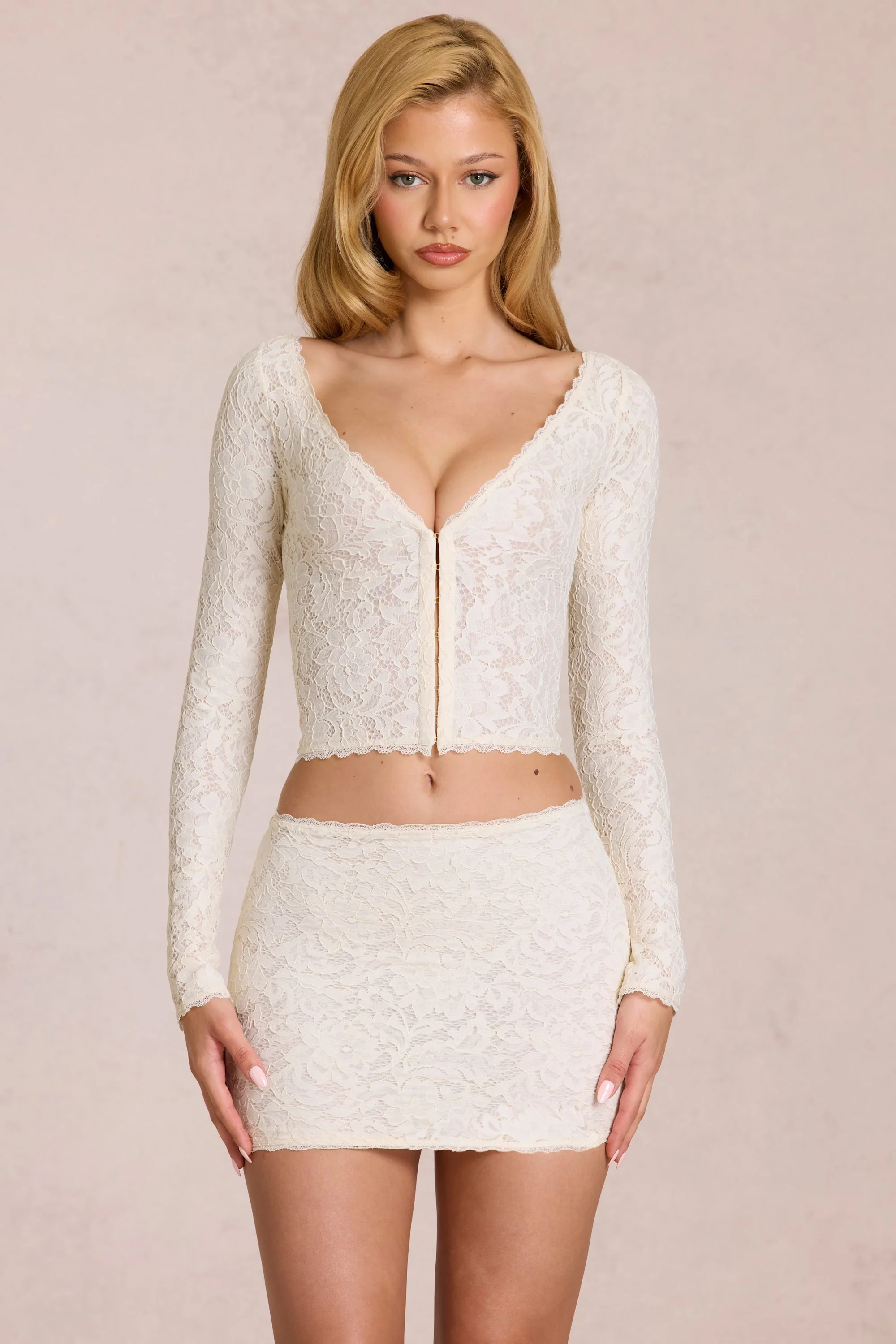 Lace Plunge Cardigan  in Pearl - Image 5