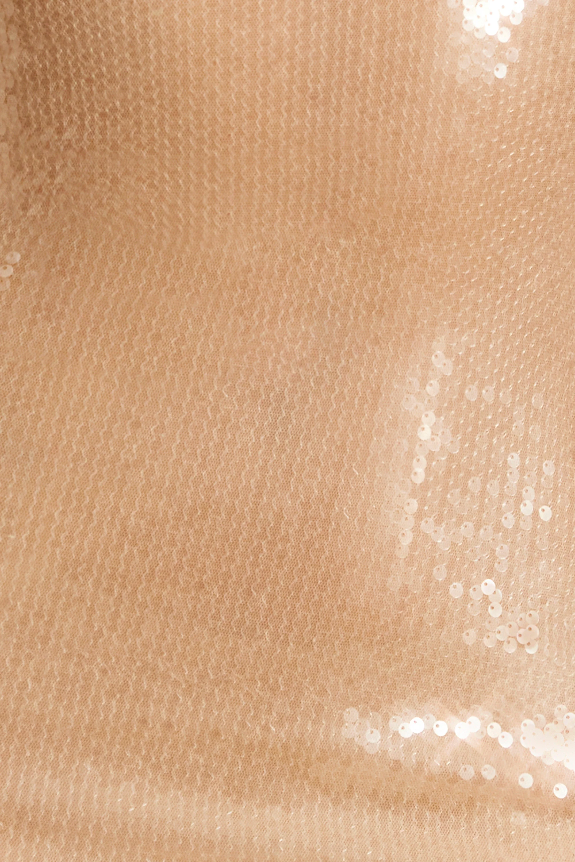 Sheer Sequin Asymmetric Cut Out Mini Dress in Tan - Image 8