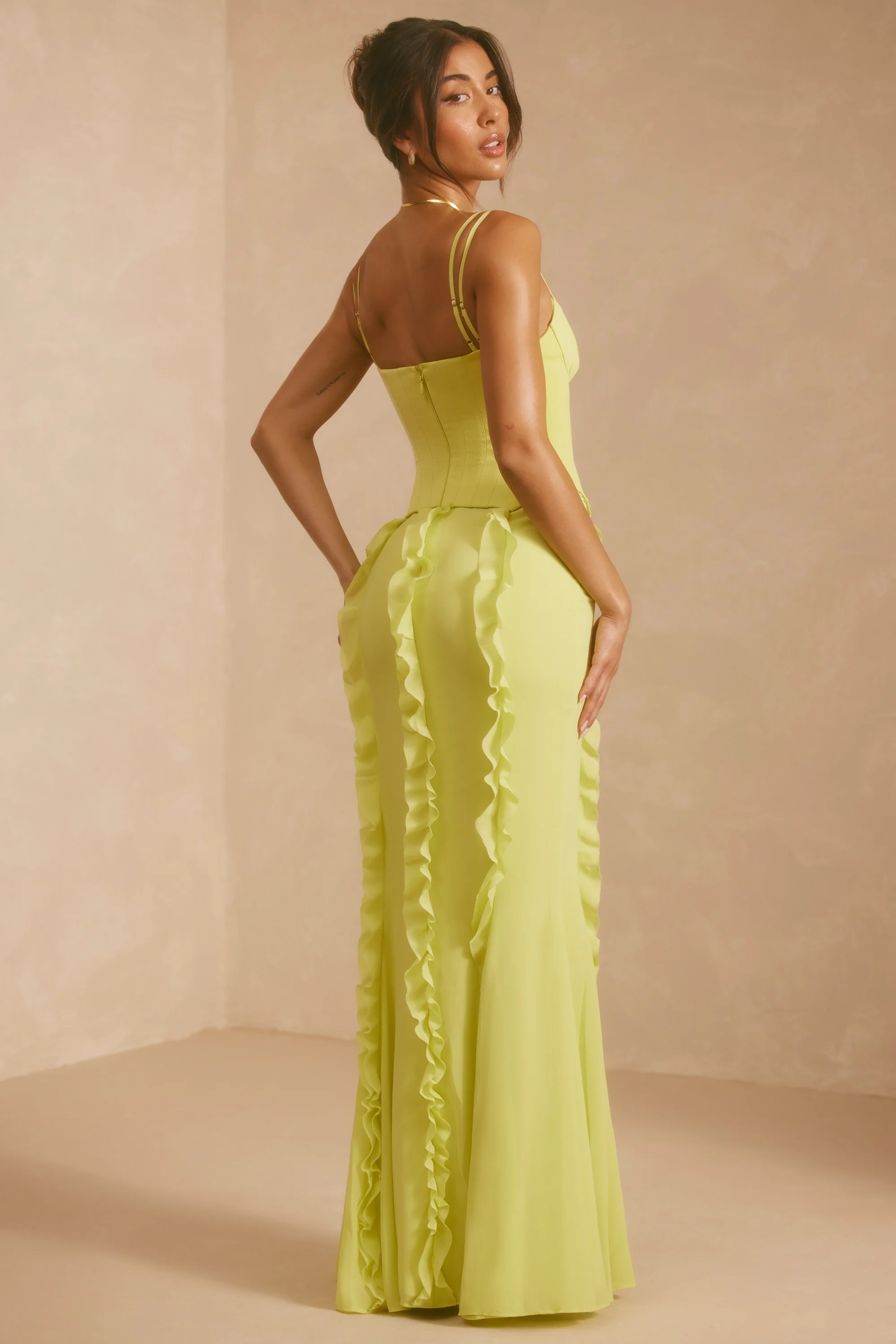 Corset Frill Skirt Maxi Dress in Lime Green - Image 6