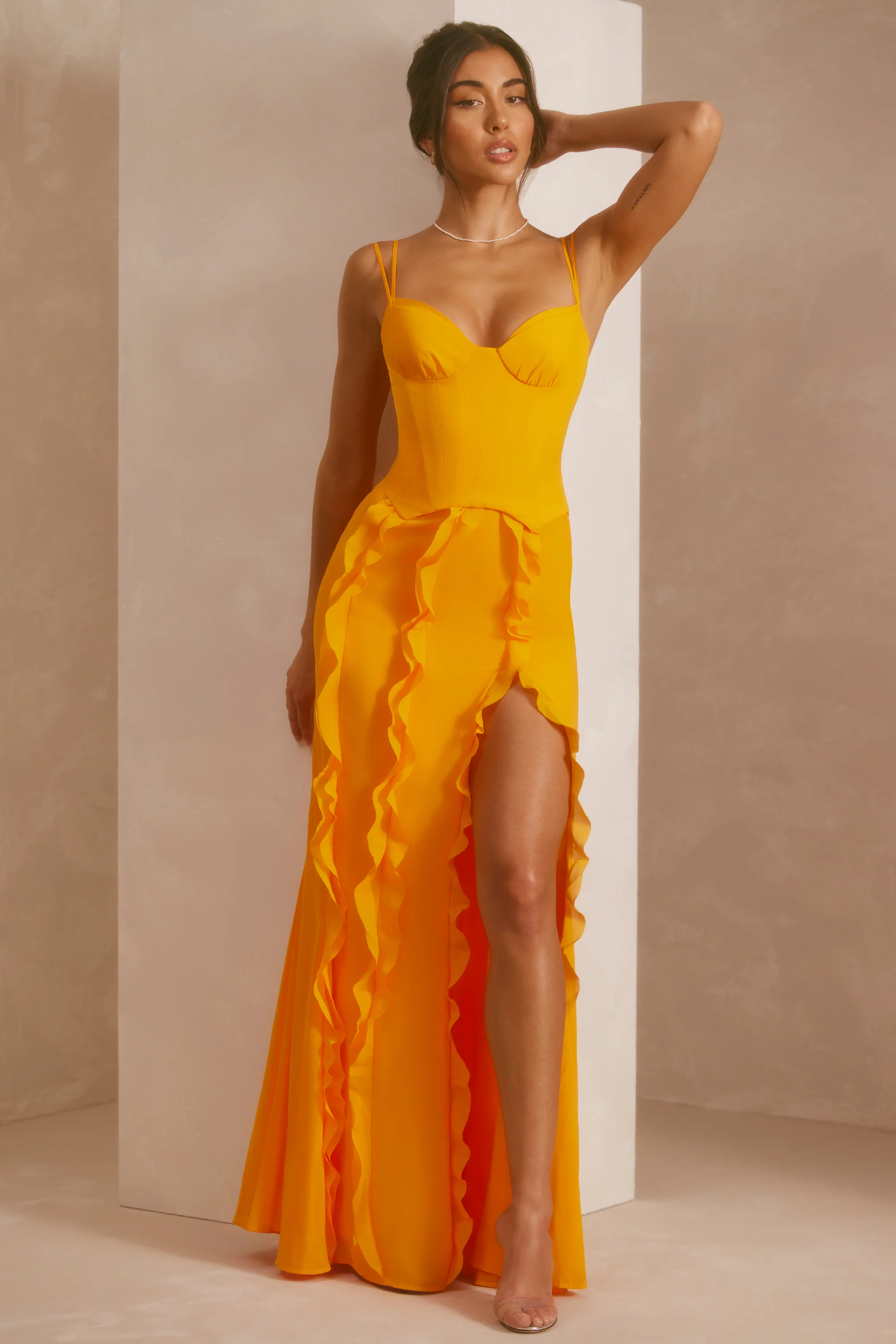 Corset Frill Skirt Maxi Dress in Tangerine - Image 5