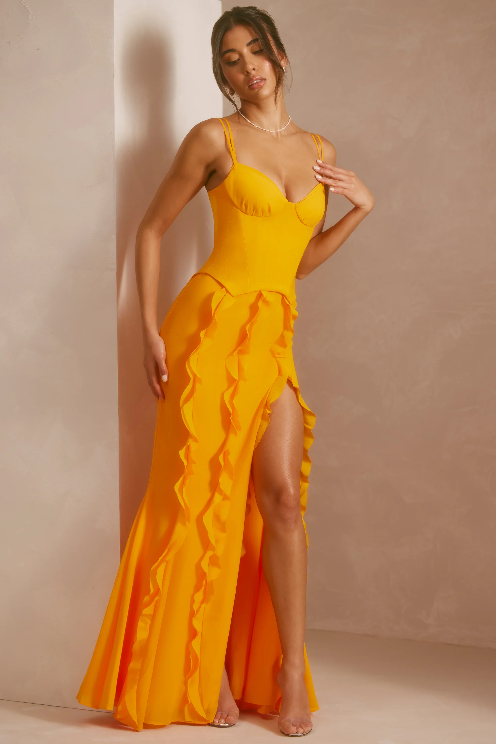 Corset Frill Skirt Maxi Dress in Tangerine - Image 7