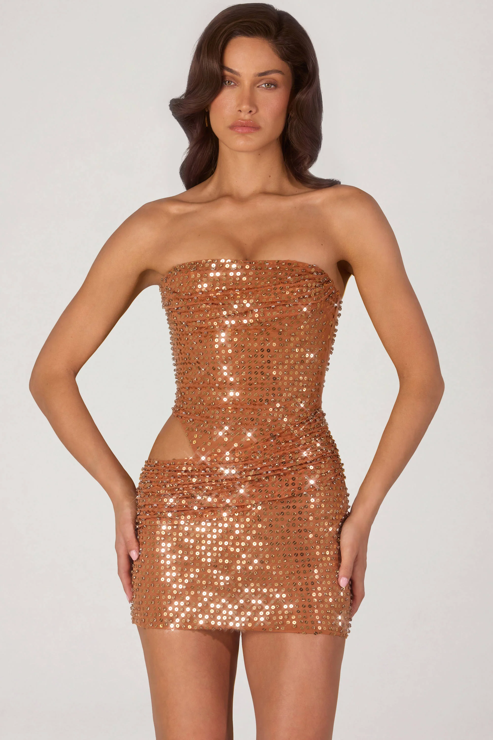 Embellished Cut-Out Mini Dress in Bronze - Image 5