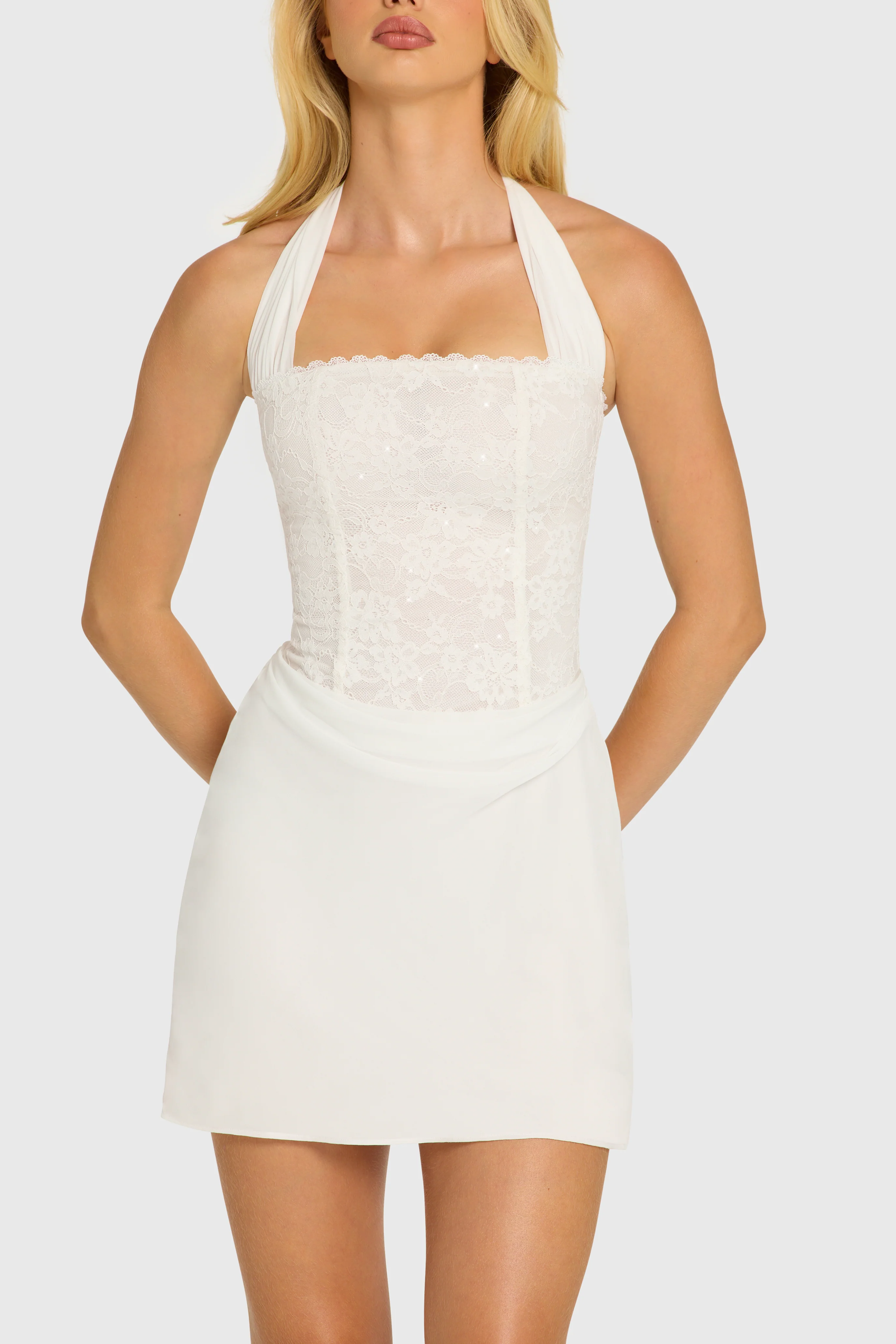 Sequin Lace Corset Mini Dress in Pearl - Image 4