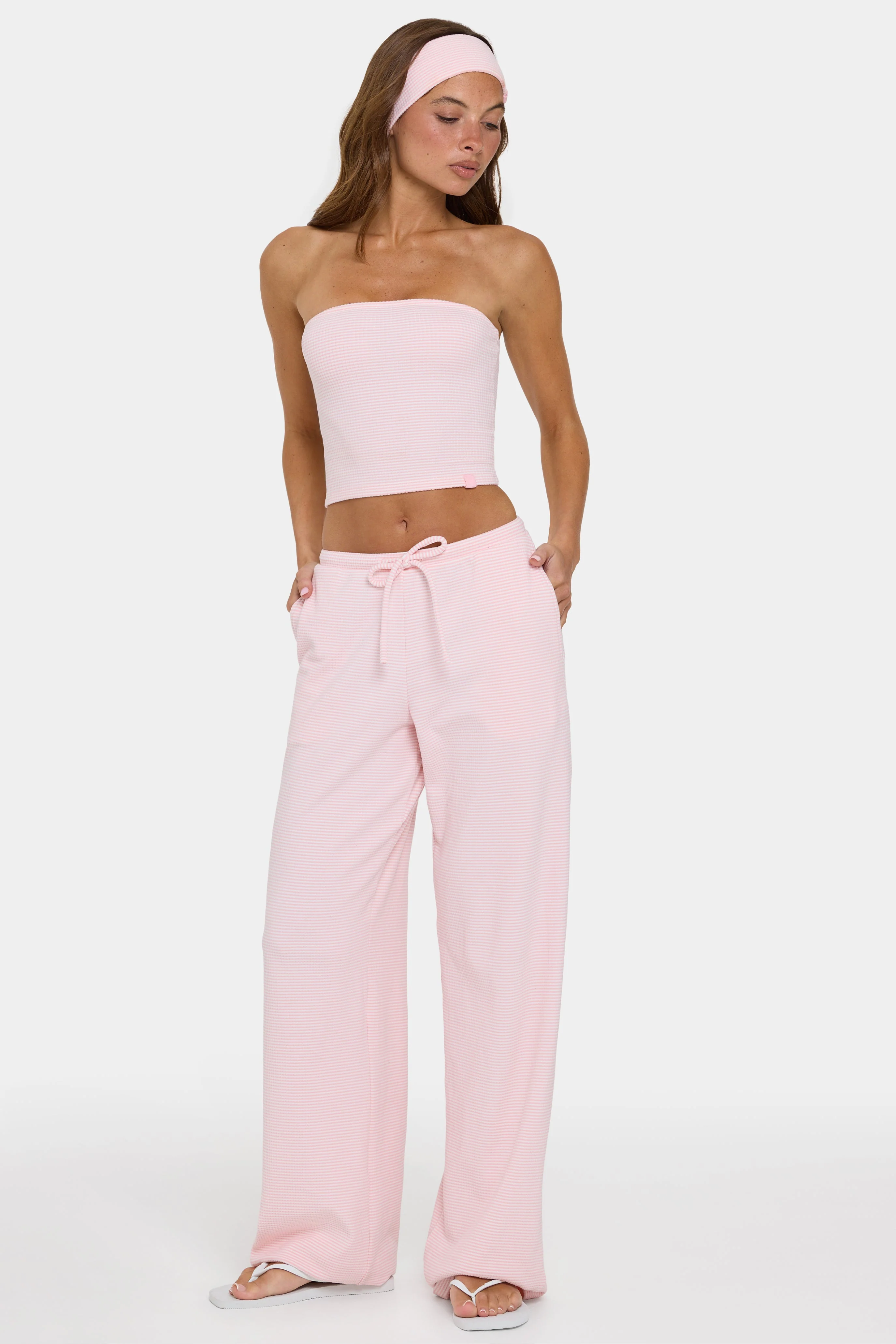Ribbed Jersey Low-Rise Trousers in Peach Stripe - Image 5