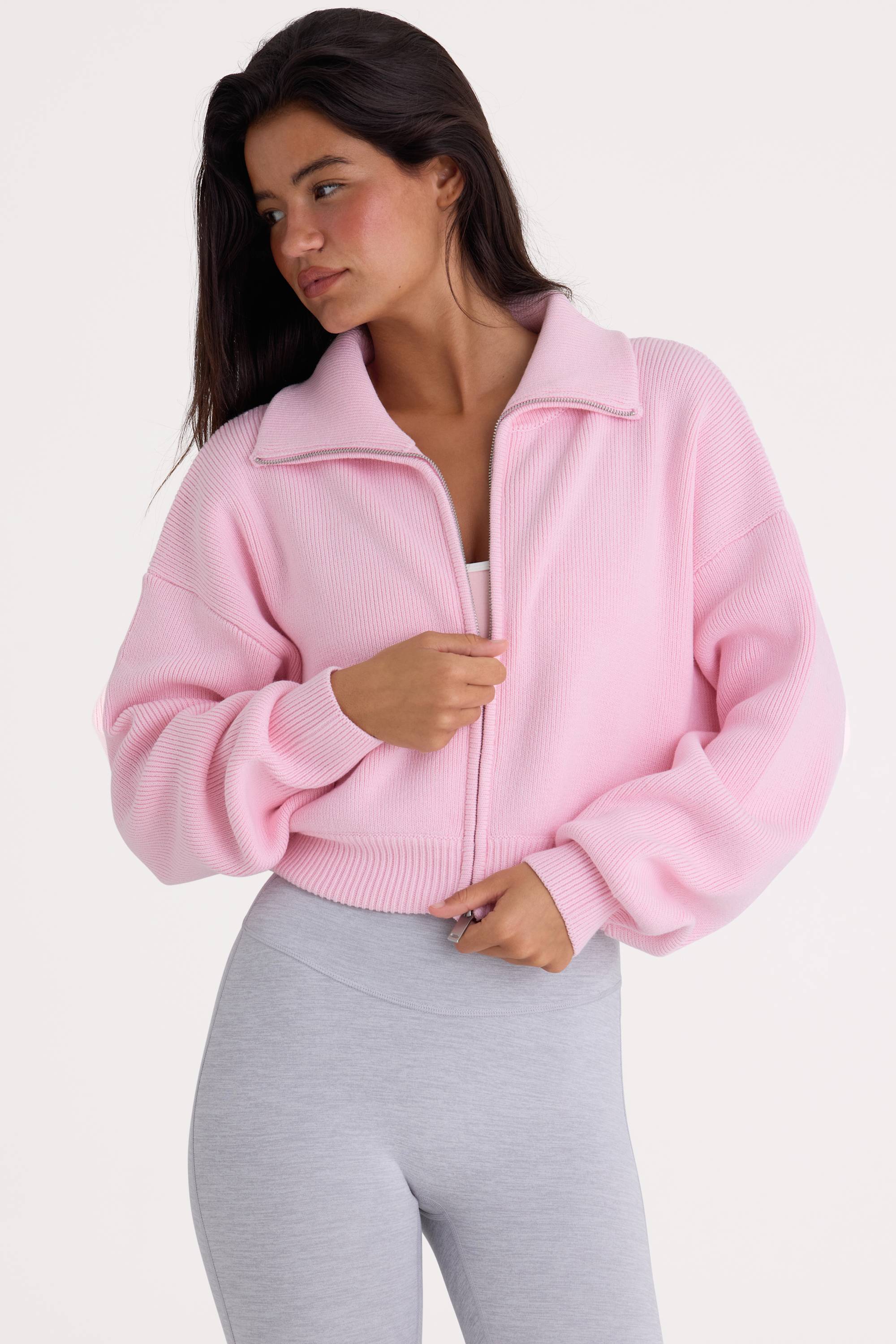 Ribbed Knit Zip-Up Cropped Sweatshirt in Pale Pink - Image 2