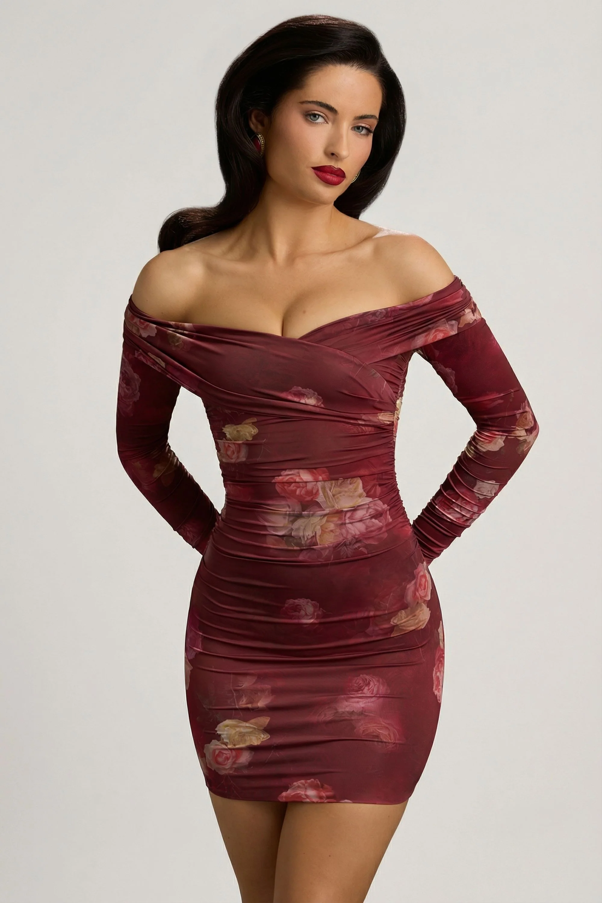 Off-Shoulder Ruched Bodycon Mini Dress in Maroon Floral Print - Image 9