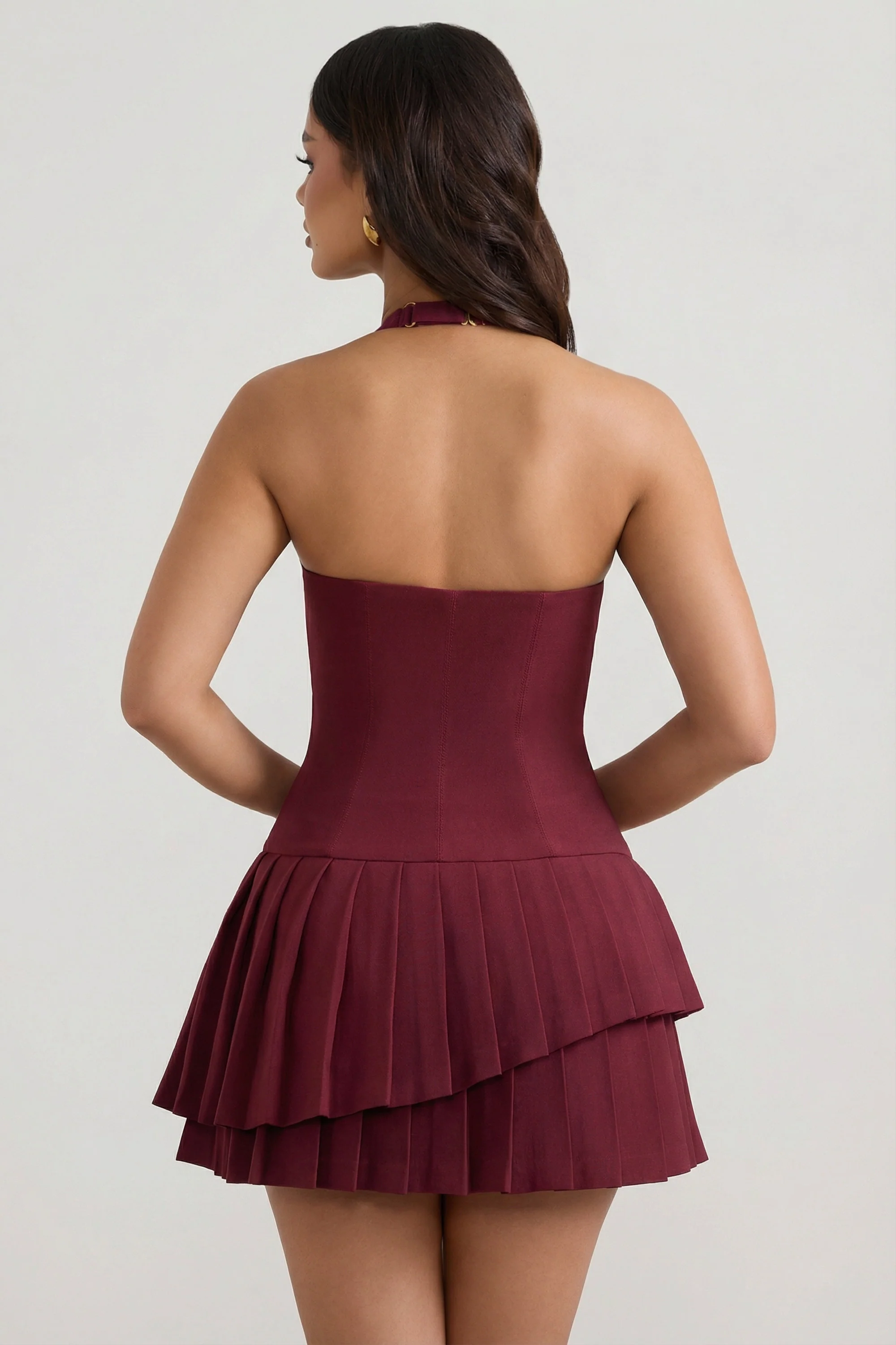Asymmetric Layered Halterneck Mini Dress in Wine Red - Image 2