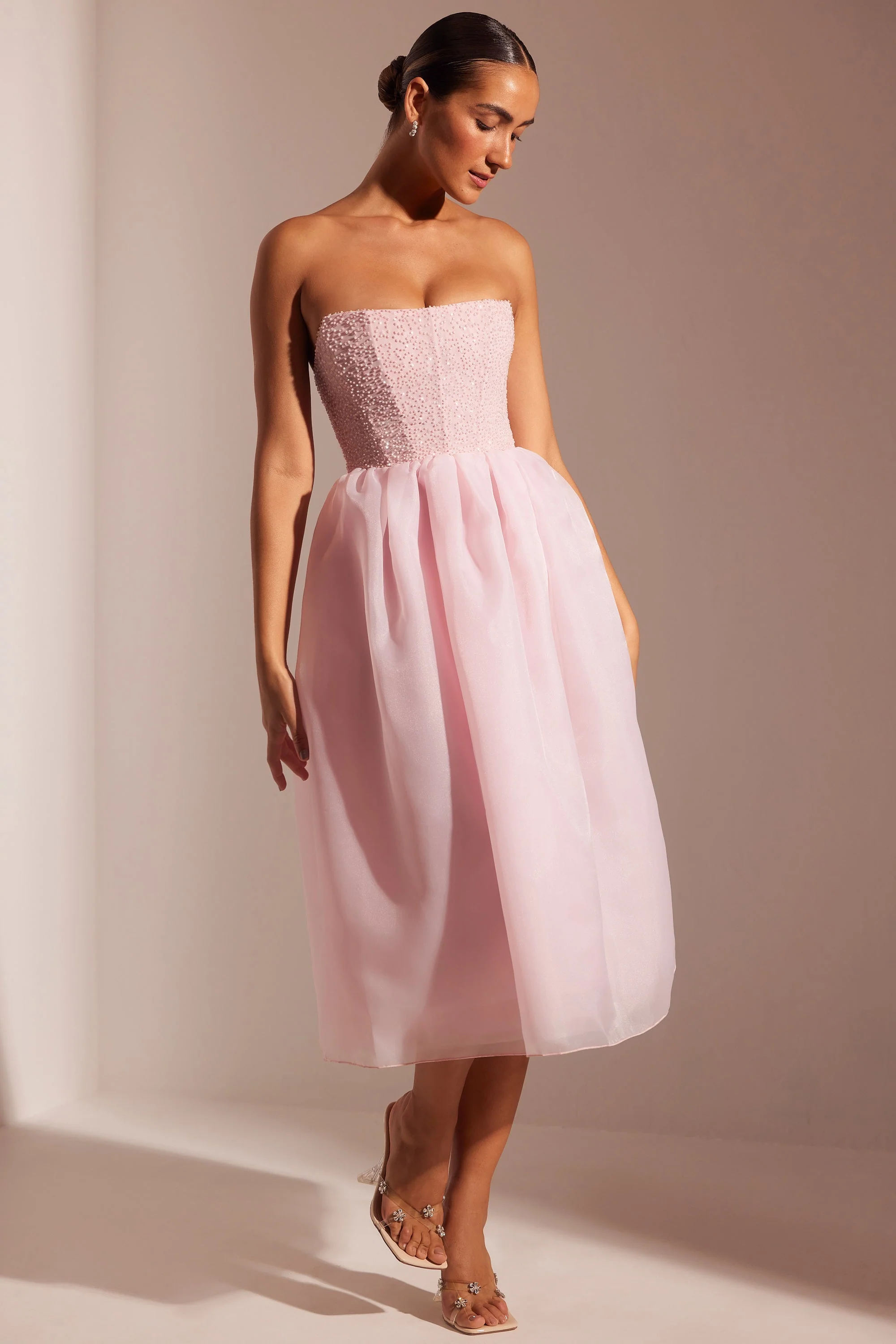 Embellished Corset Tulle Skirt Midi Dress in Blush - Image 10