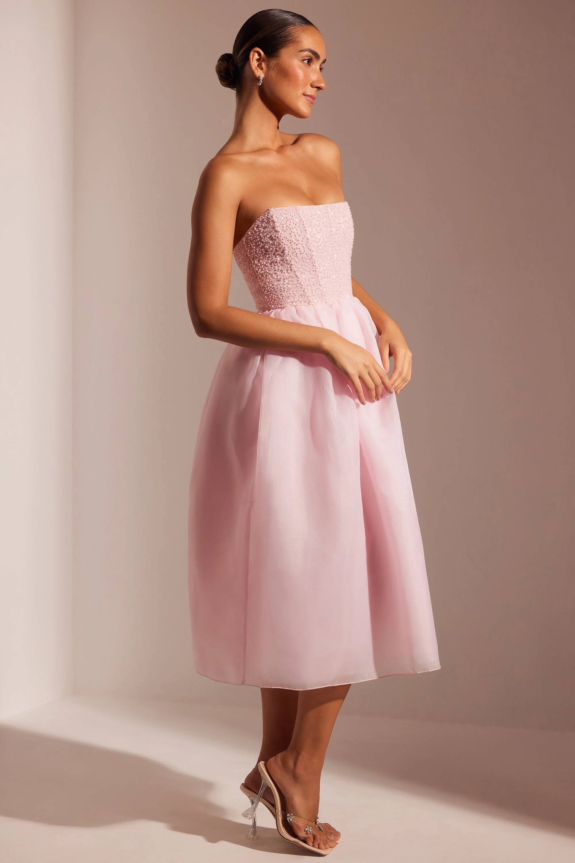 Embellished Corset Tulle Skirt Midi Dress in Blush - Image 3