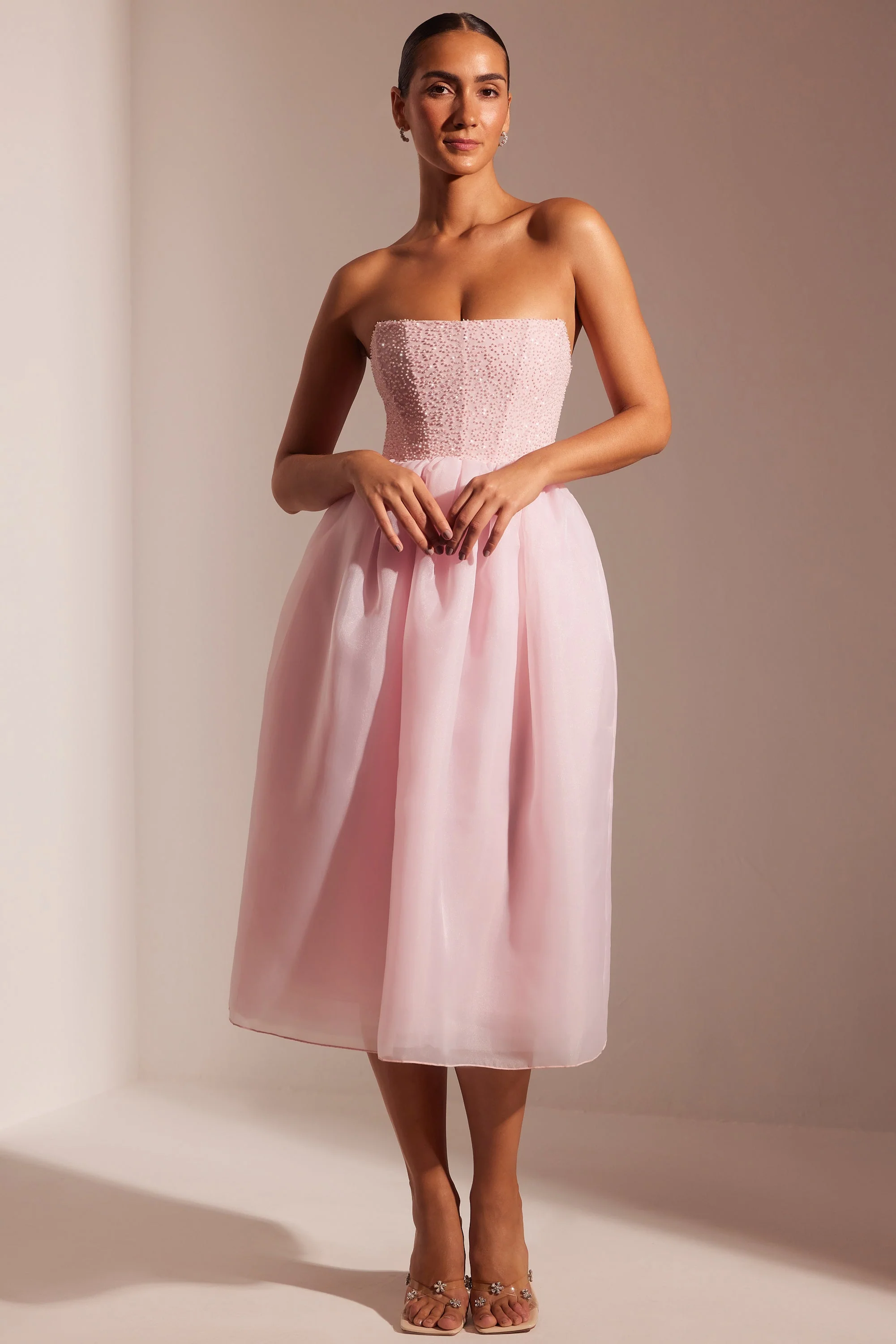 Embellished Corset Tulle Skirt Midi Dress in Blush - Image 8