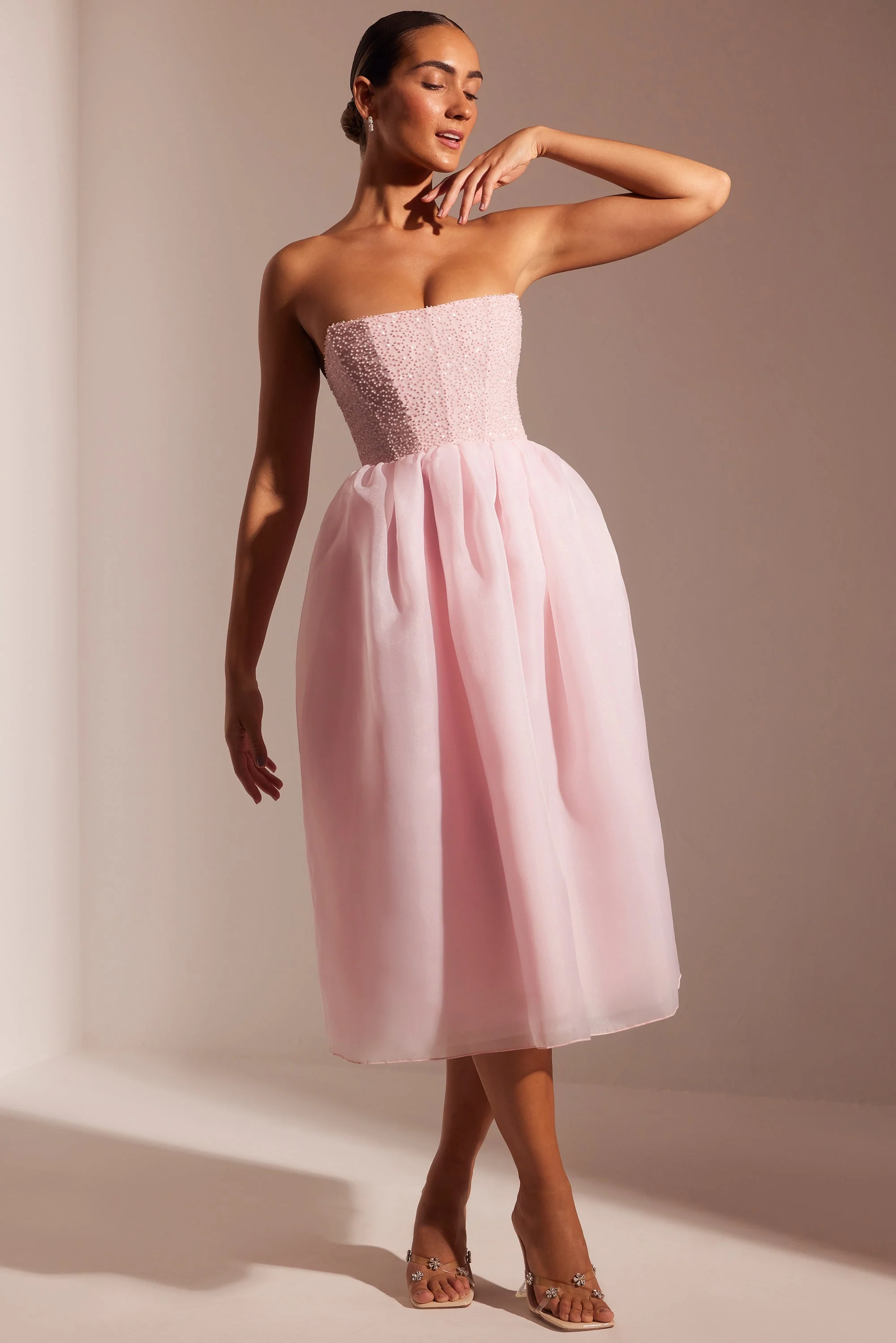 Embellished Corset Tulle Skirt Midi Dress in Blush - Image 9