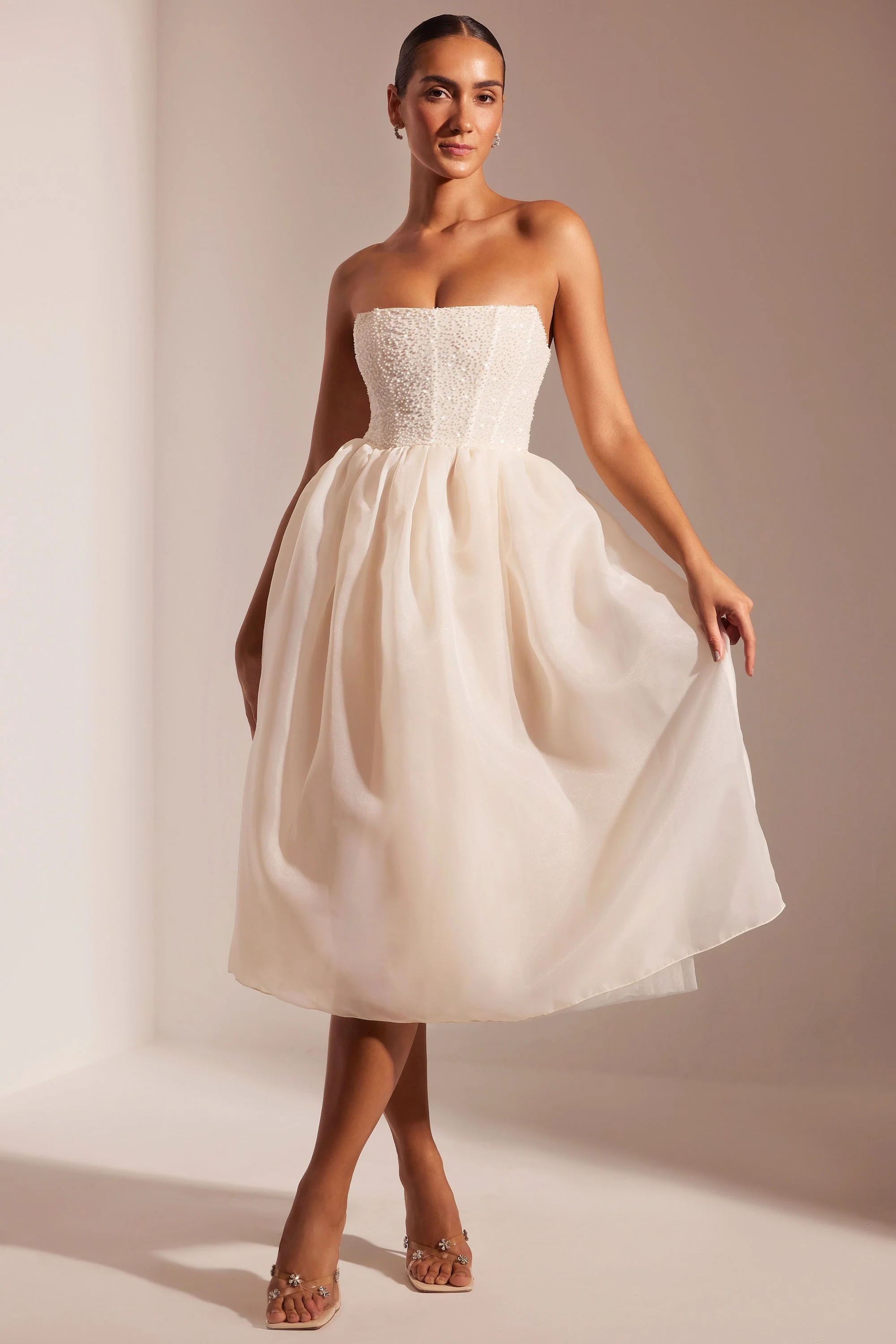 Embellished Corset Tulle Skirt Midi Dress in Ivory - Image 6
