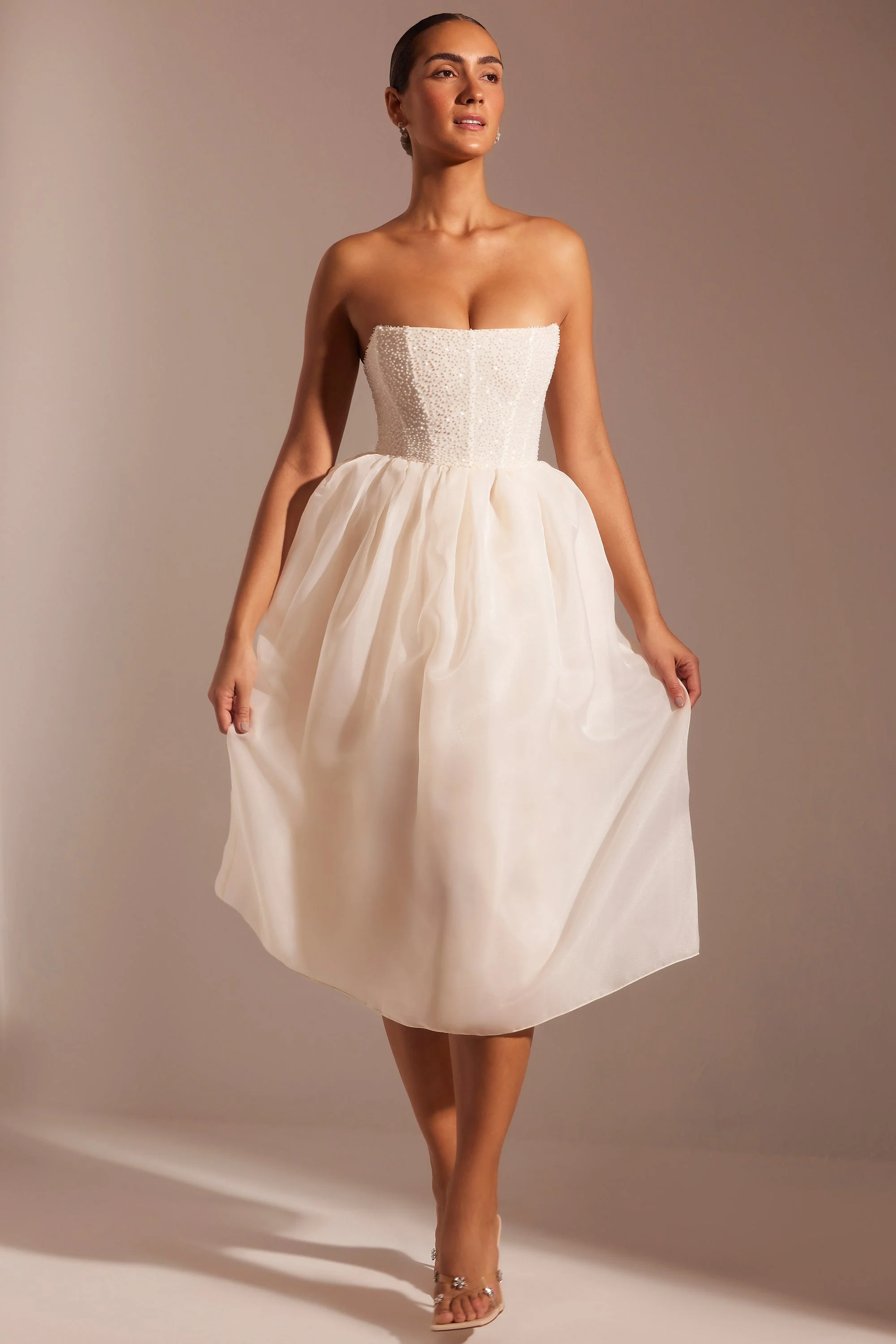 Embellished Corset Tulle Skirt Midi Dress in Ivory - Image 9