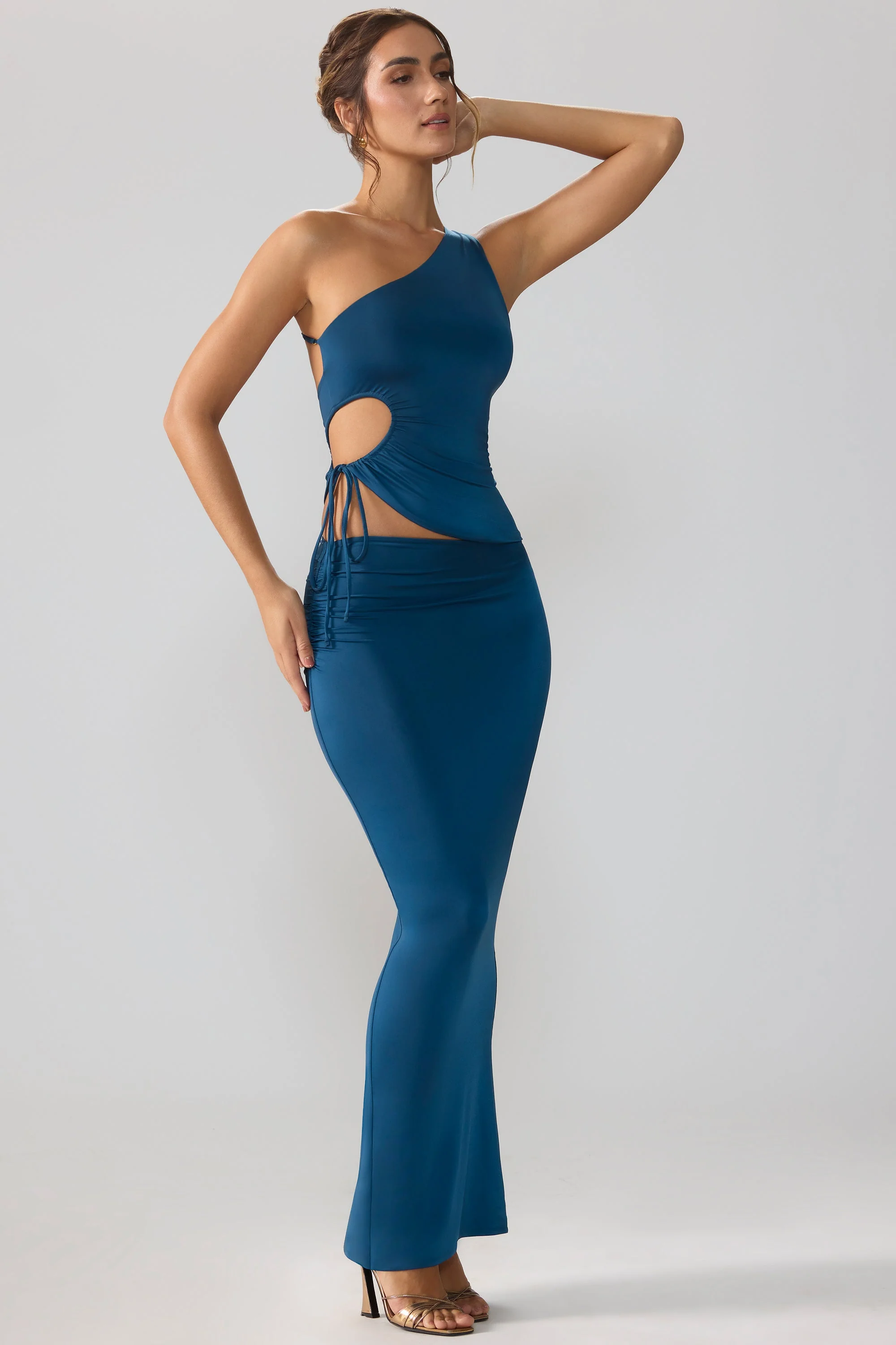 Slinky Jersey Asymmetric Waist Maxi Skirt in Midnight Blue - Image 5