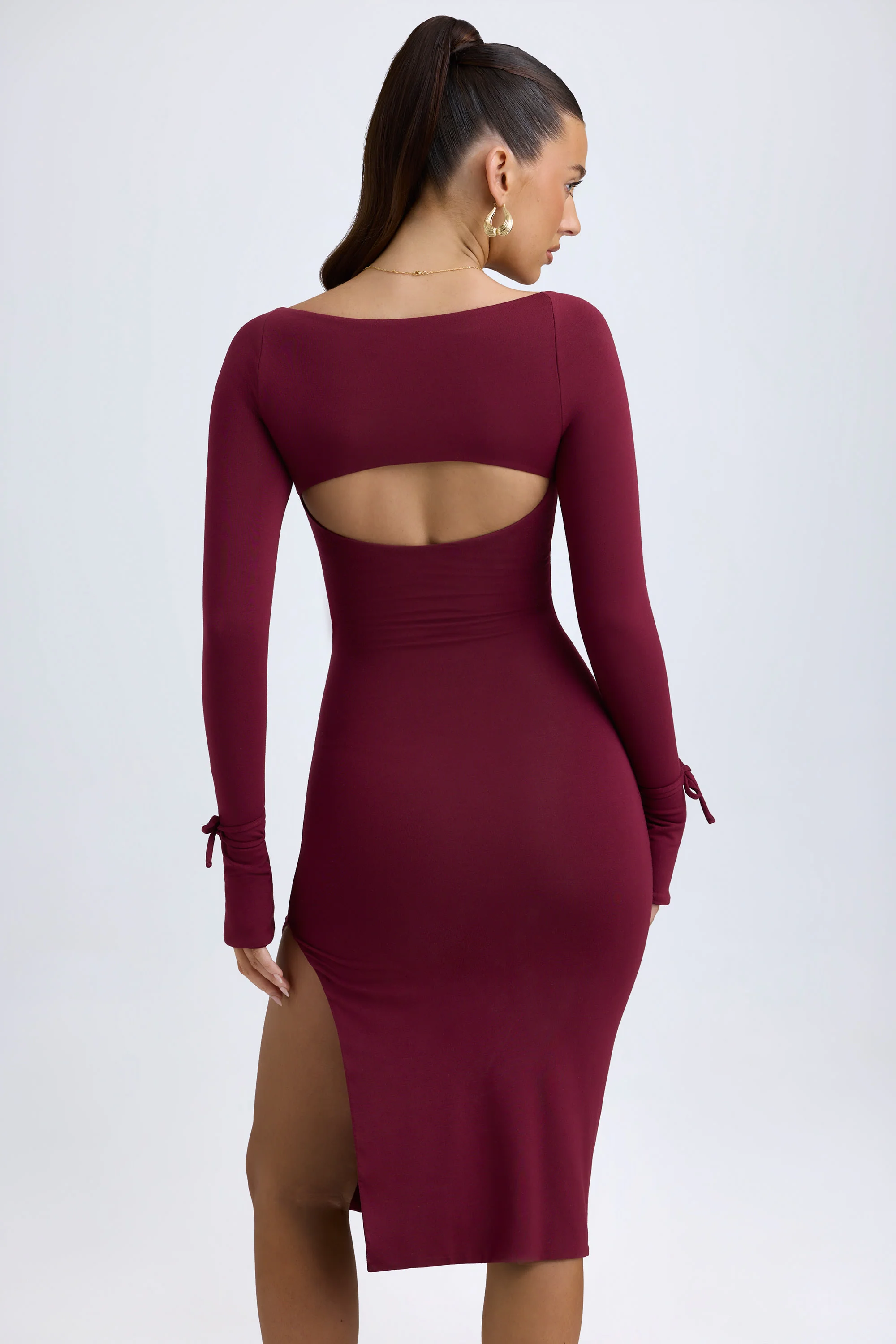 Modal Square-Neck Long-Sleeve Midi Dress in Wine Red - Image 2