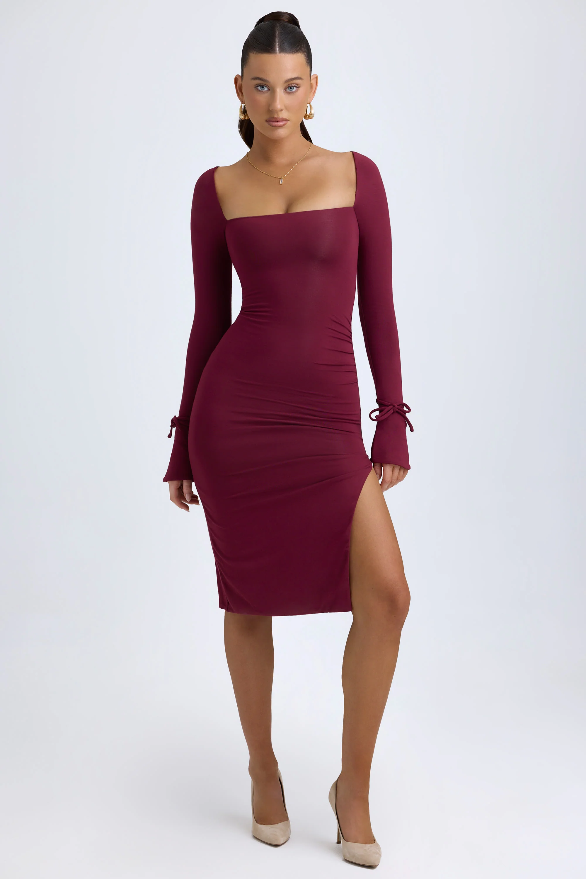 Modal Square-Neck Long-Sleeve Midi Dress in Wine Red - Image 5
