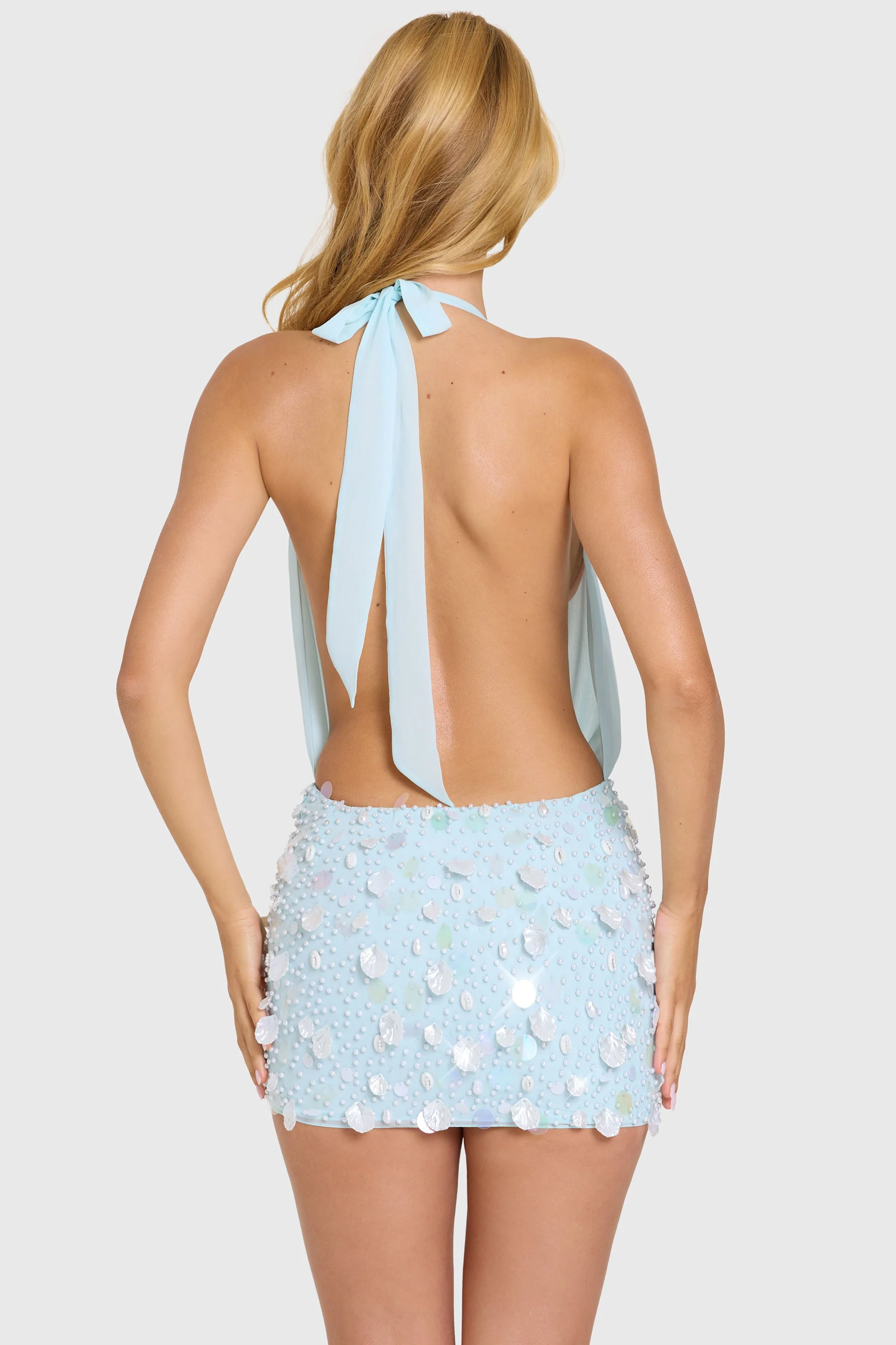 Embellished Skirt Chiffon Mini Dress in Aqua - Image 5