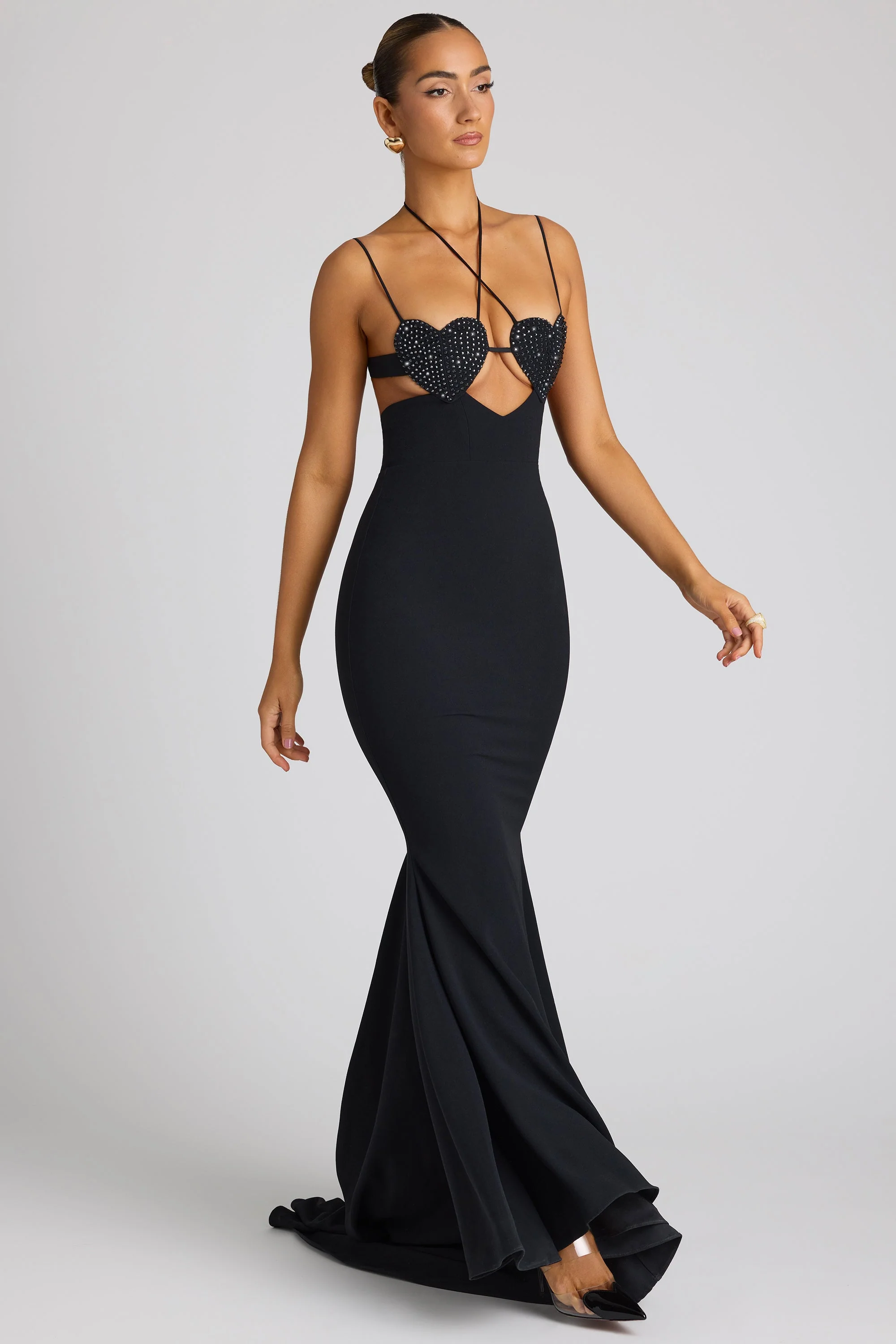 Embellished Heart Cup Detail Evening Gown in Black - Image 6