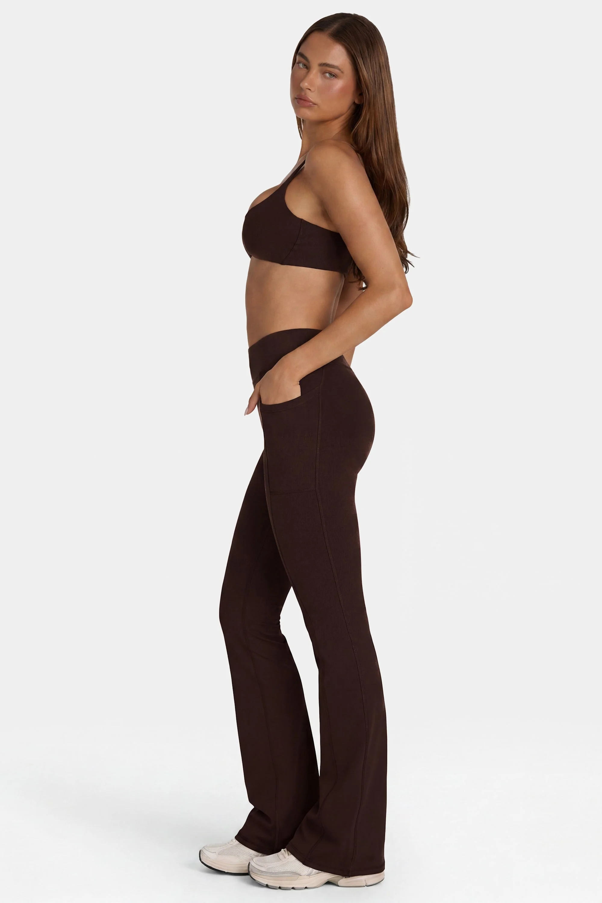 Soft Active V-Waist Flared Leggings in Espresso - Image 3