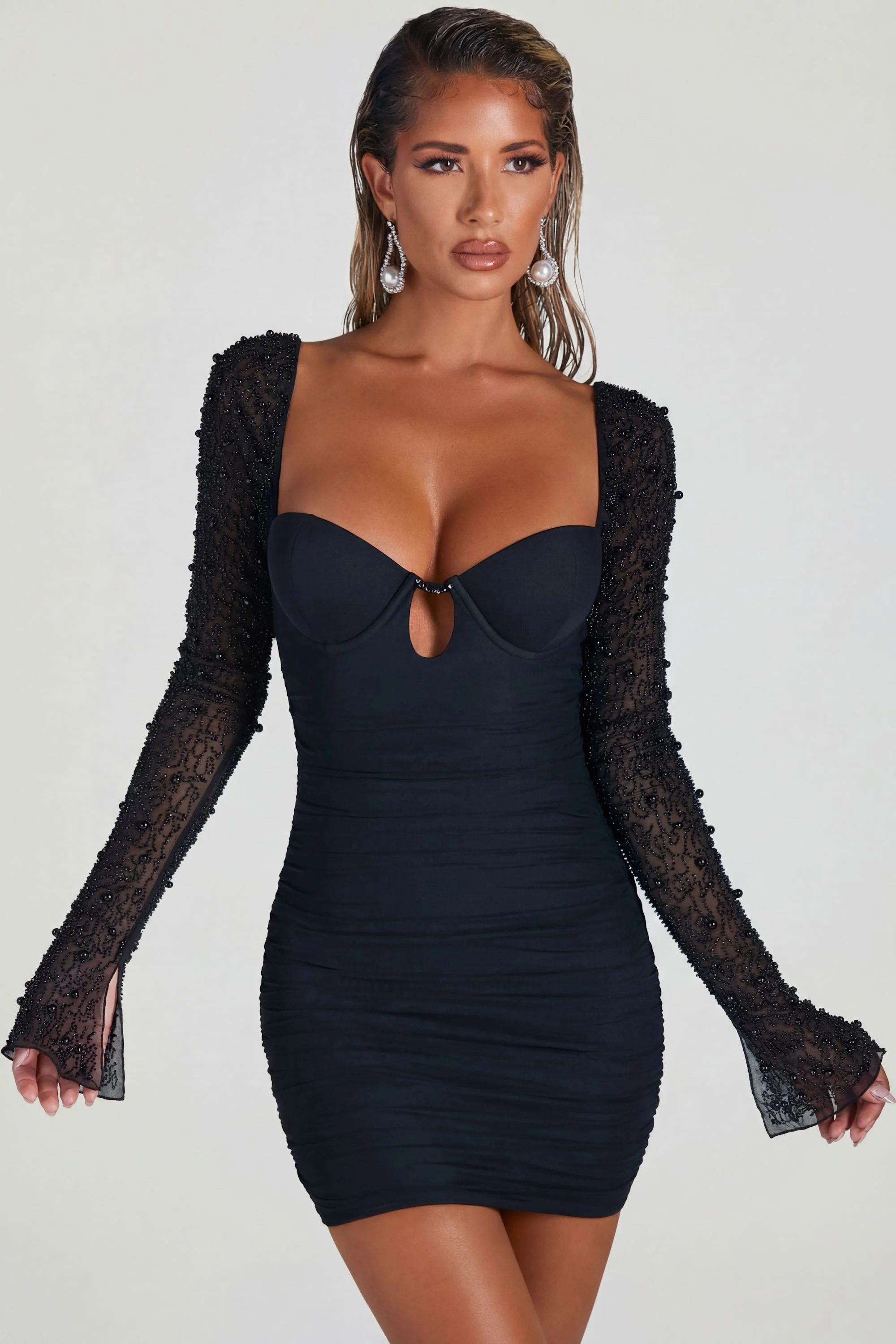 Embellished Long Sleeve Mini Dress in Black