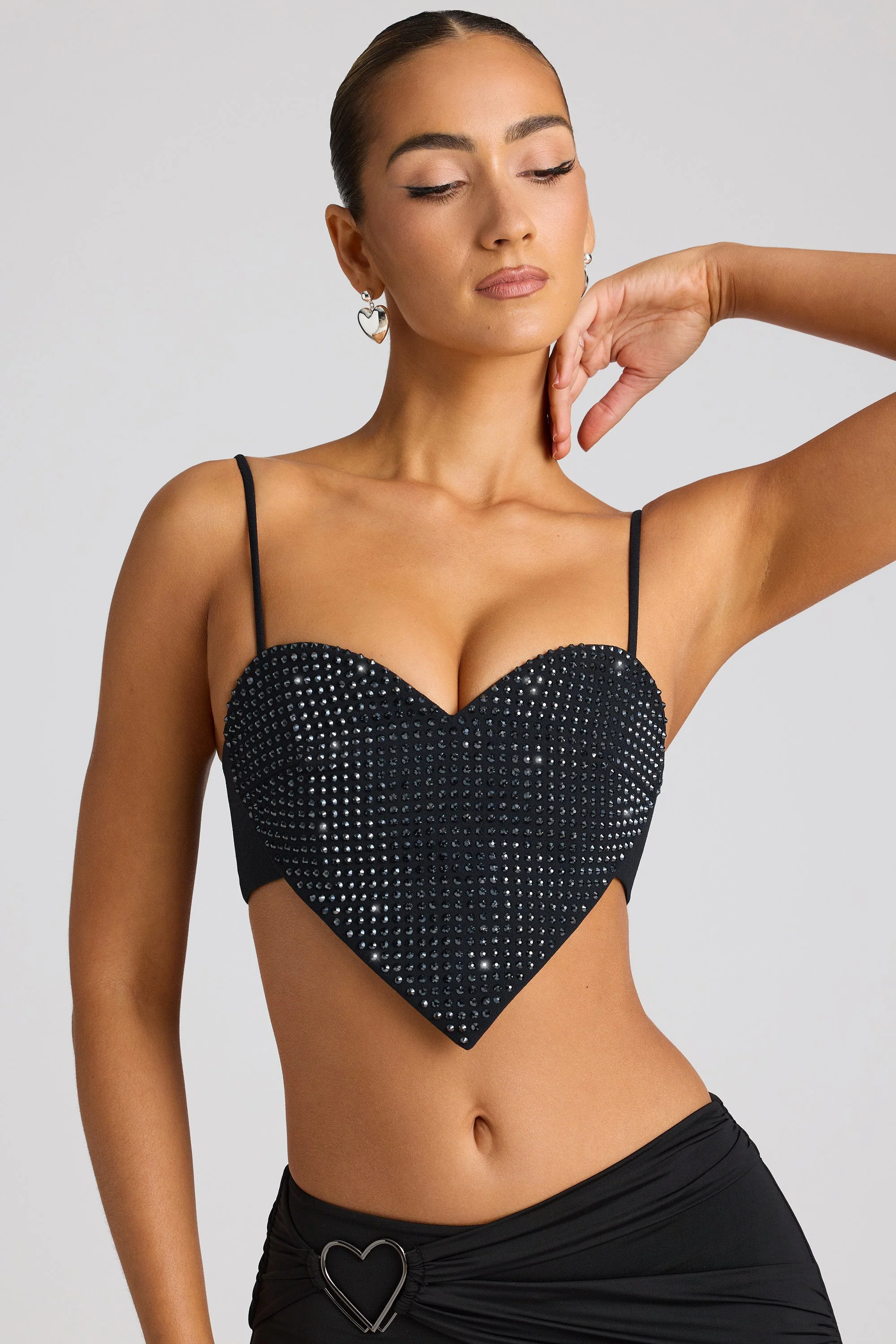 Embellished Statement Heart Shaped Crop Top in Black - Image 6