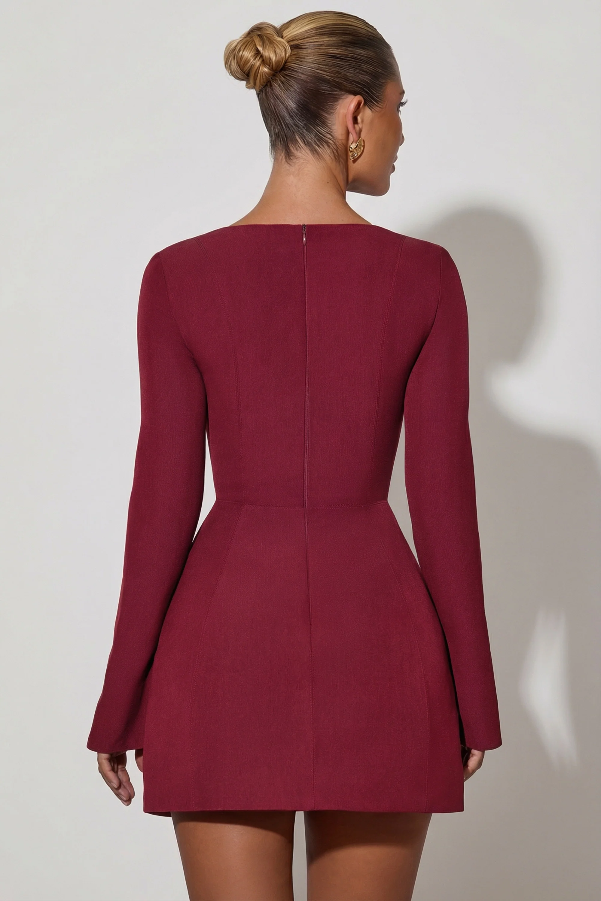 Square-Neck Structured Tulip Mini Dress in Wine Red - Image 2