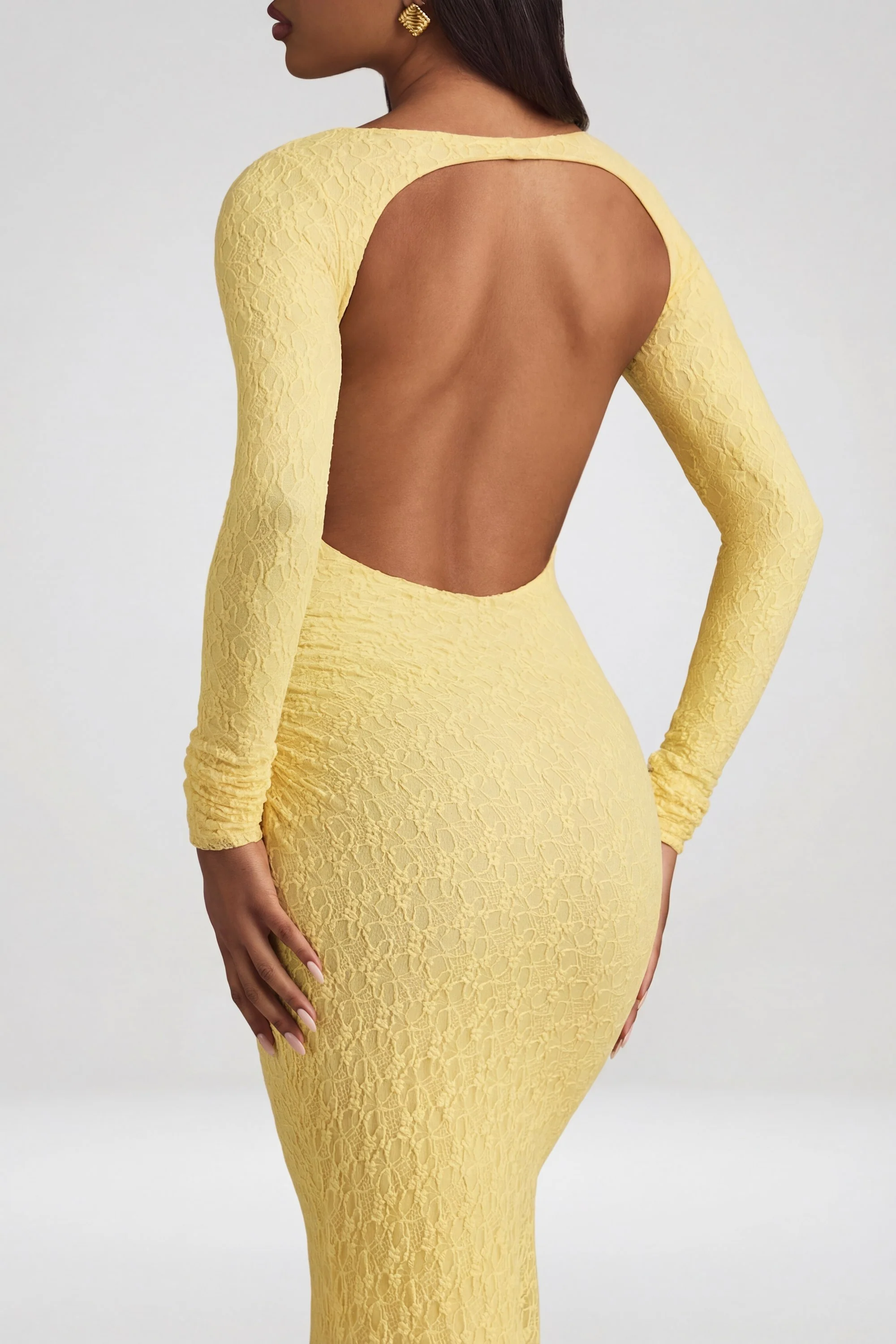 Ruched Backless Lace Maxi Dress in Pastel Yellow - Image 4