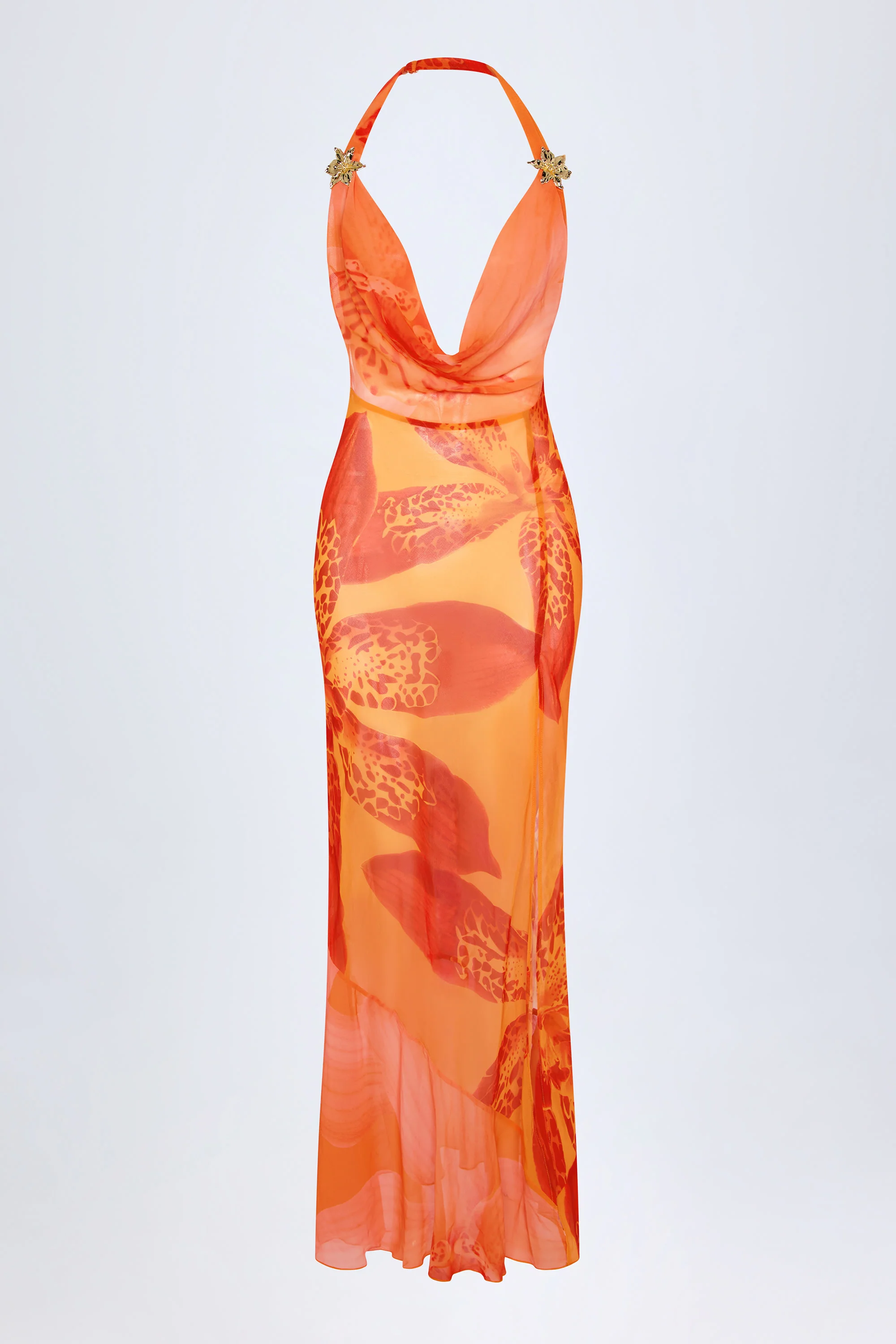 Cowl-Neck Hardware-Detail Maxi Dress in Orange Orchid Print - Image 3