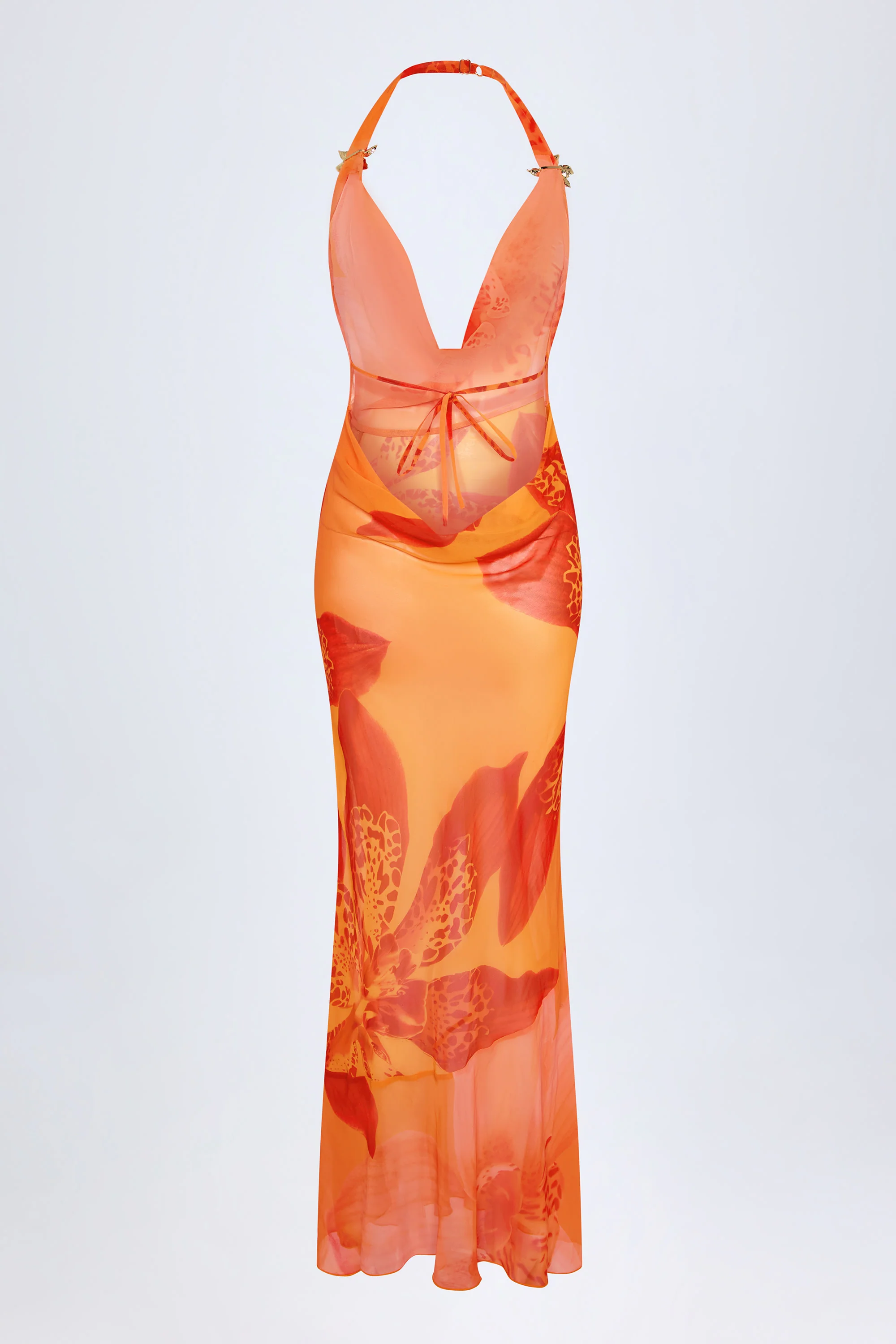 Cowl-Neck Hardware-Detail Maxi Dress in Orange Orchid Print - Image 4