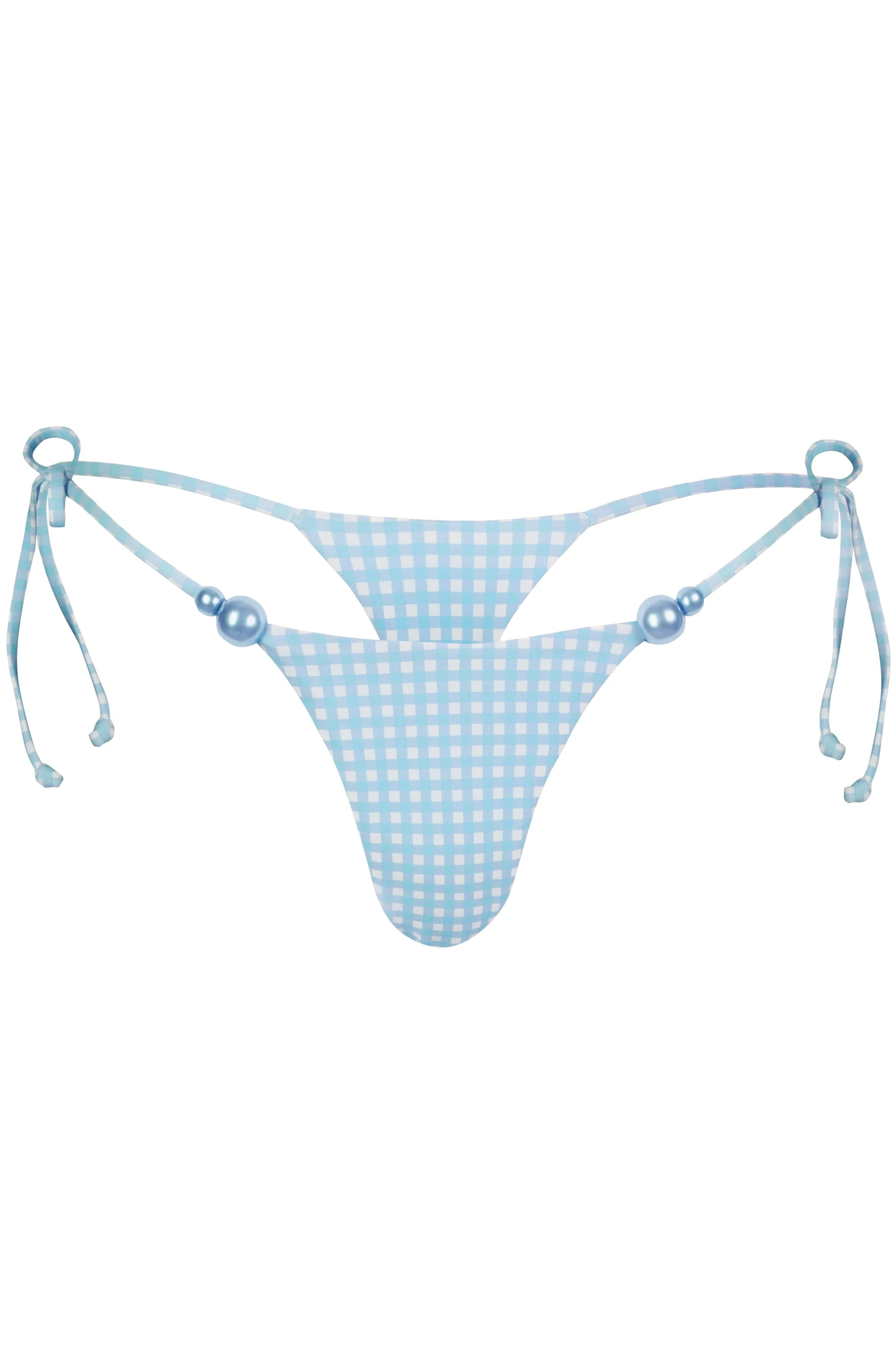 Side-Tie Thong Bikini Bottoms in Blue Gingham Print - Image 3