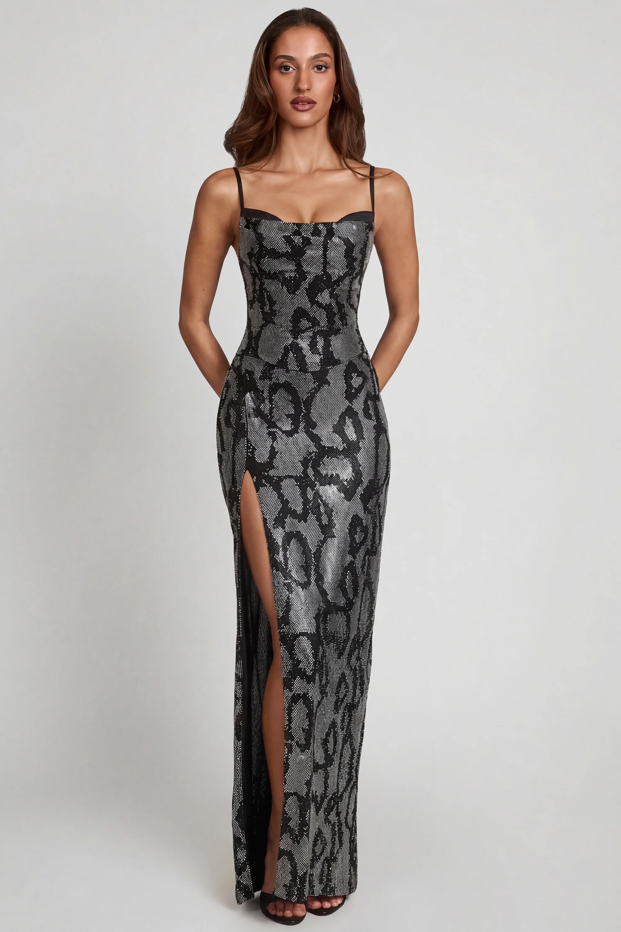 Embellished Peekaboo Cowl-Neck Dress in Silver Snake - Image 6