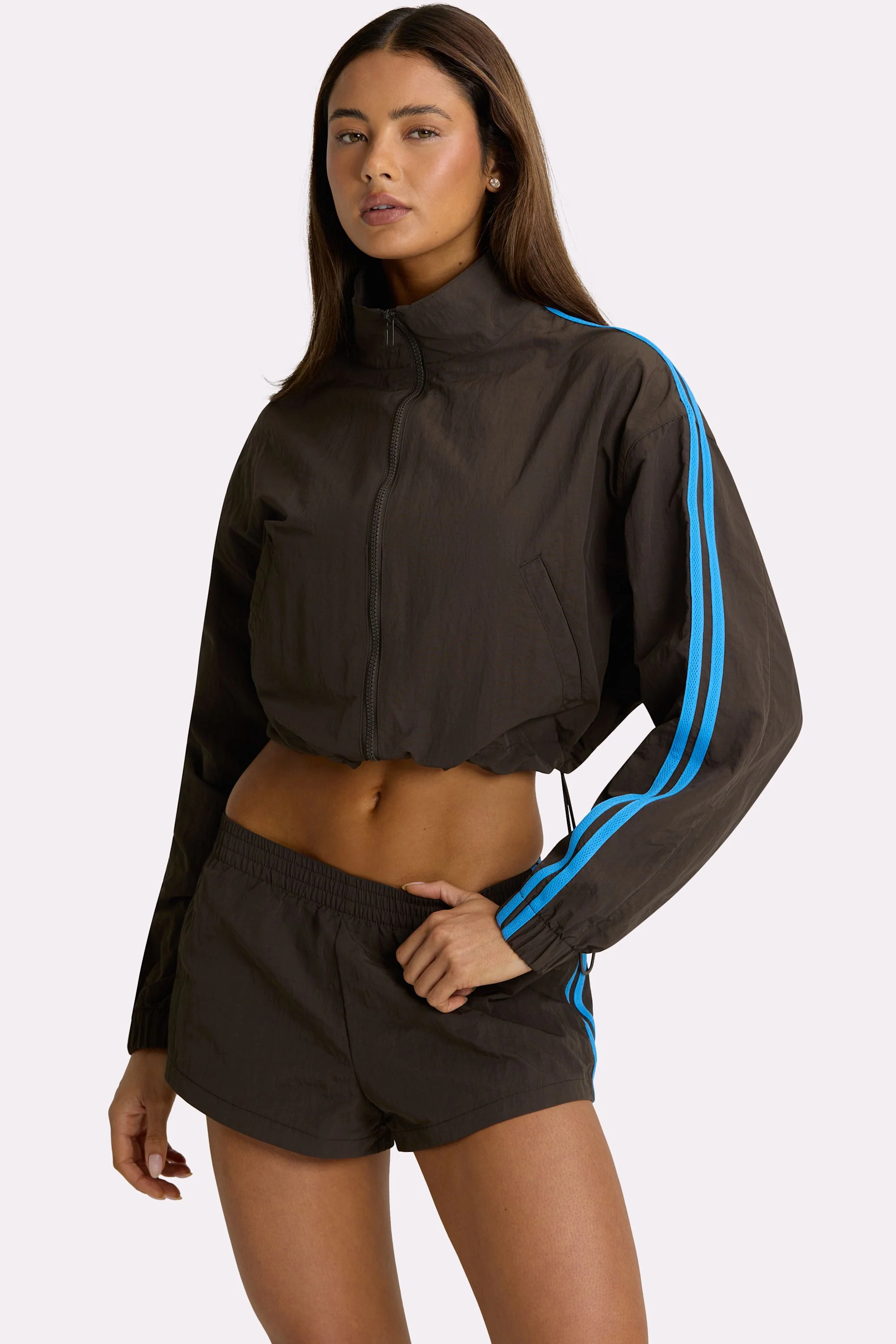 Woven Zip-Up Track Jacket in Truffle - Image 5