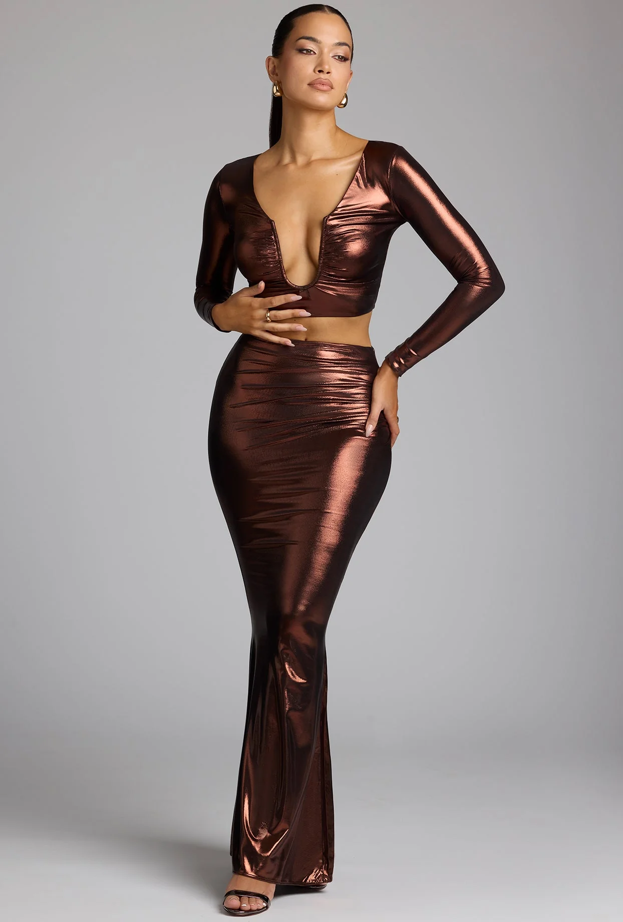 Mid Rise Metallic Jersey Maxi Skirt in Copper Bronze - Image 6