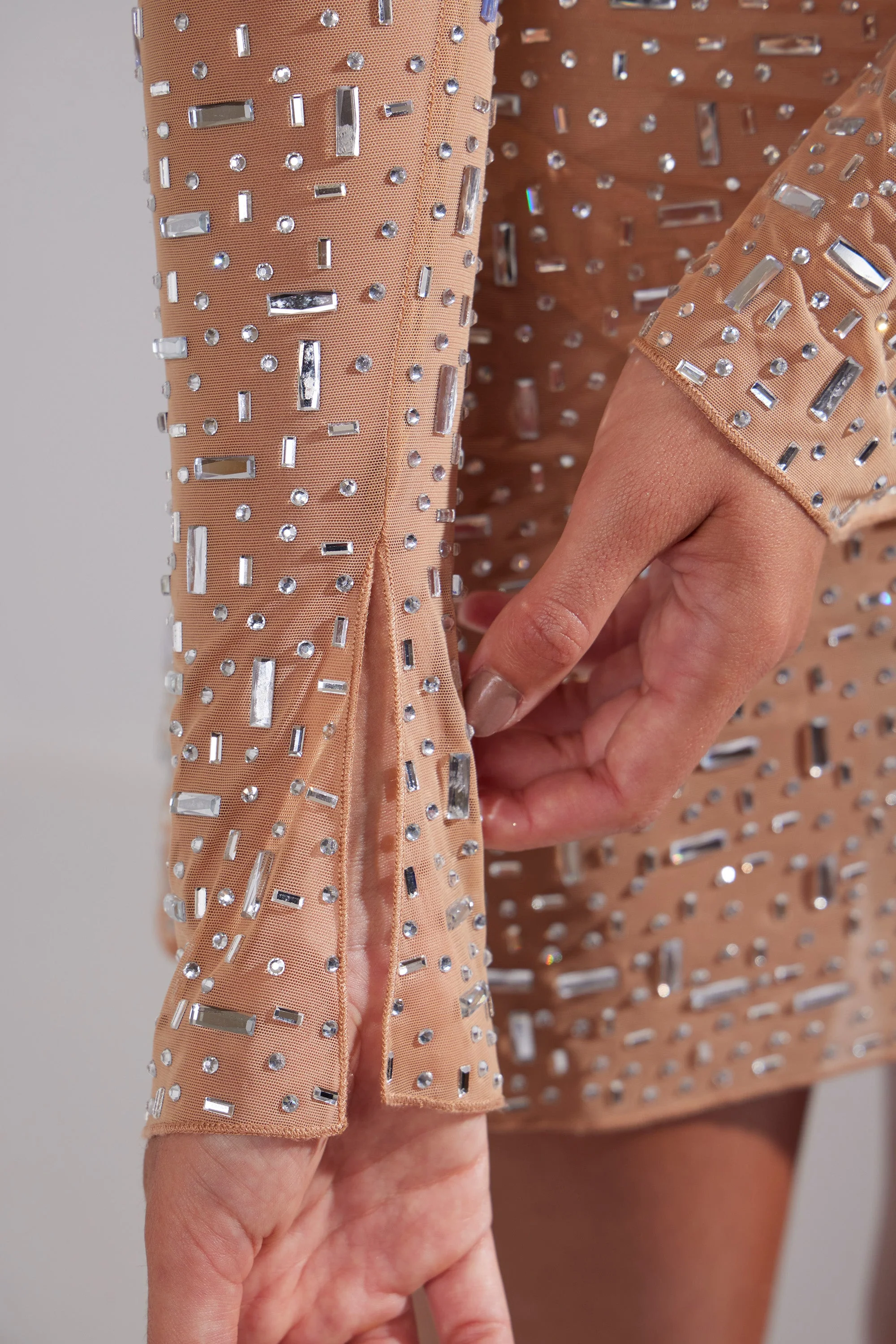 Sheer Embellished Long Sleeve A-Line Mini Dress in Honey - Image 5