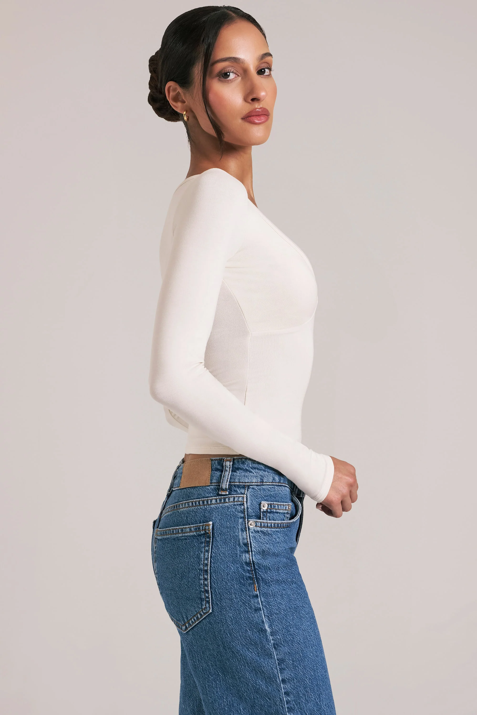 V-Neck Long-Sleeve Top in Vanilla - Image 3